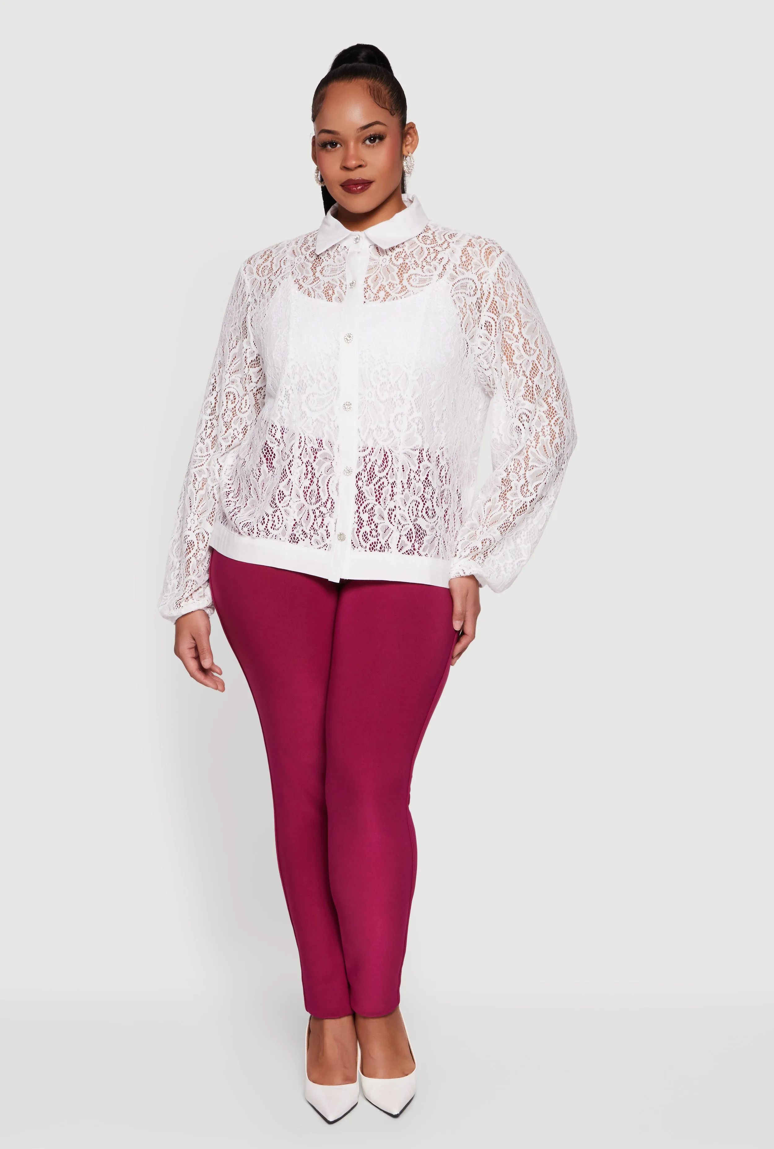 Plus Size Long Sleeve Shirt Collar Lace Blouse sold by Rainbow product image thumbnail 3