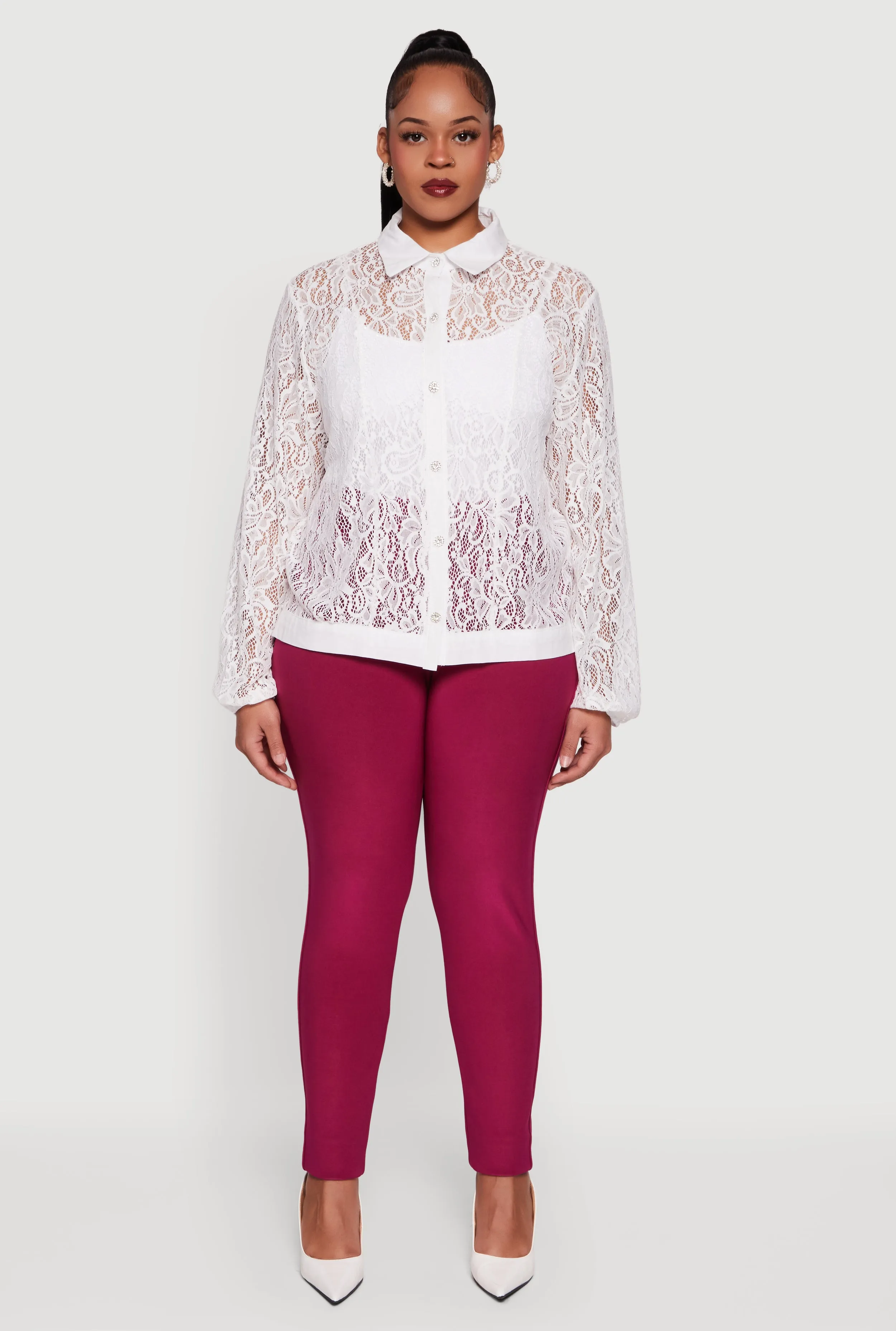 Plus Size Long Sleeve Shirt Collar Lace Blouse sold by Rainbow