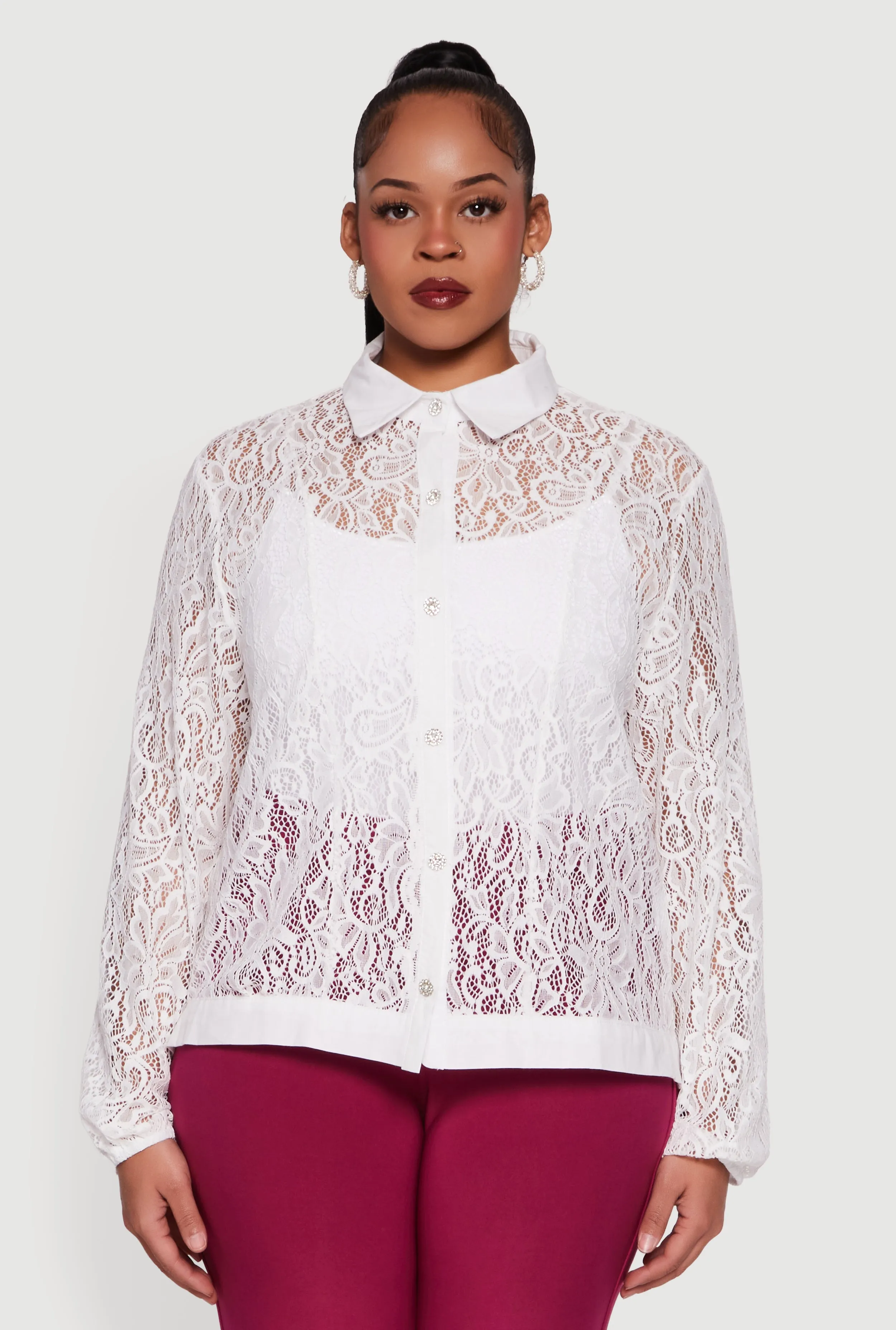 Plus Size Long Sleeve Shirt Collar Lace Blouse sold by Rainbow product image thumbnail 2