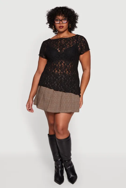 Plus Size Asymmetrical Hem Short Sleeve Lace Blouse sold by Rainbow