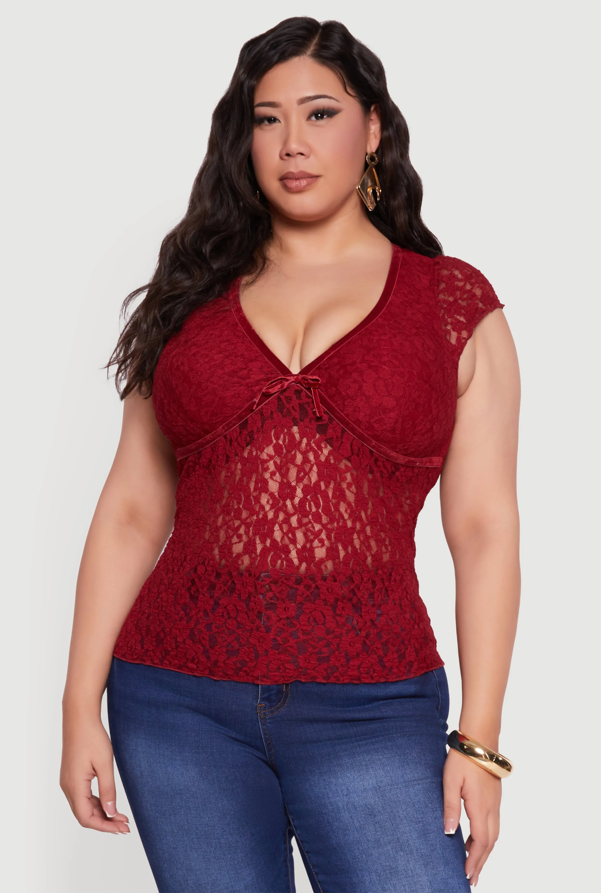 Plus Size Lace V Neck Short Sleeve Blouse sold by Rainbow product image thumbnail 2