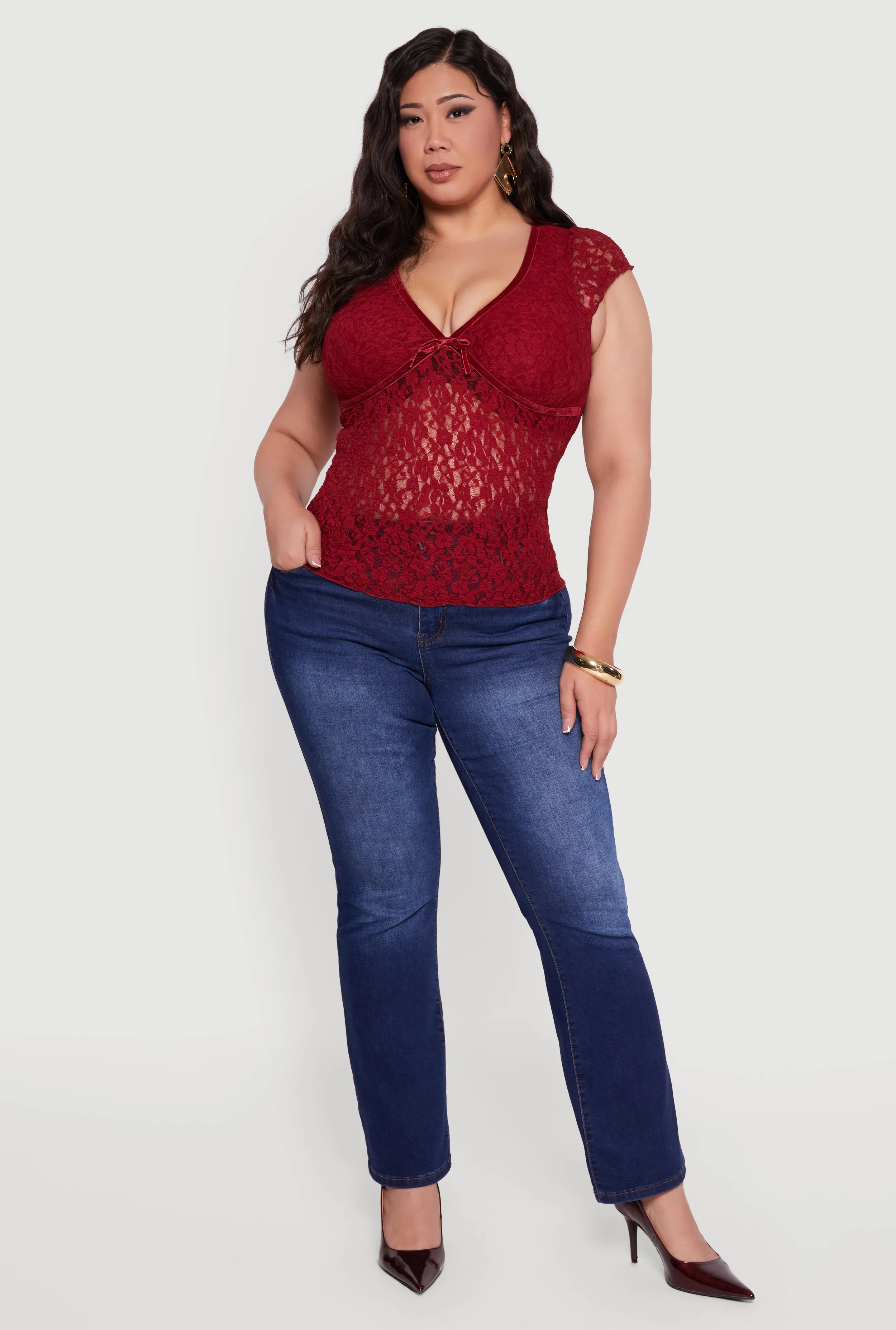 Plus Size Lace V Neck Short Sleeve Blouse sold by Rainbow product image thumbnail 3