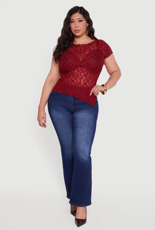 Plus Size Asymmetrical Hem Short Sleeve Lace Blouse sold by Rainbow