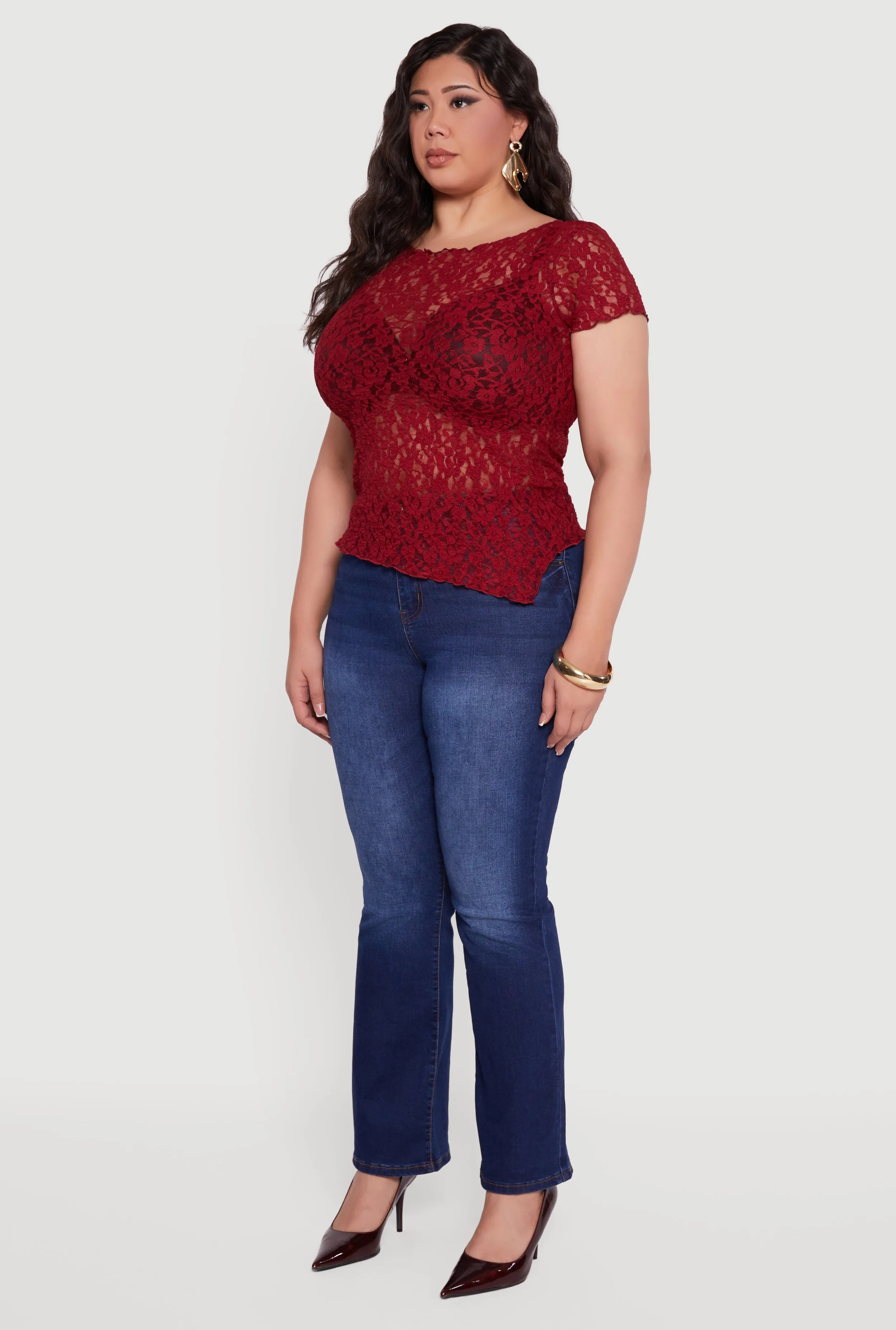 Plus Size Asymmetrical Hem Short Sleeve Lace Blouse sold by Rainbow product image thumbnail 5