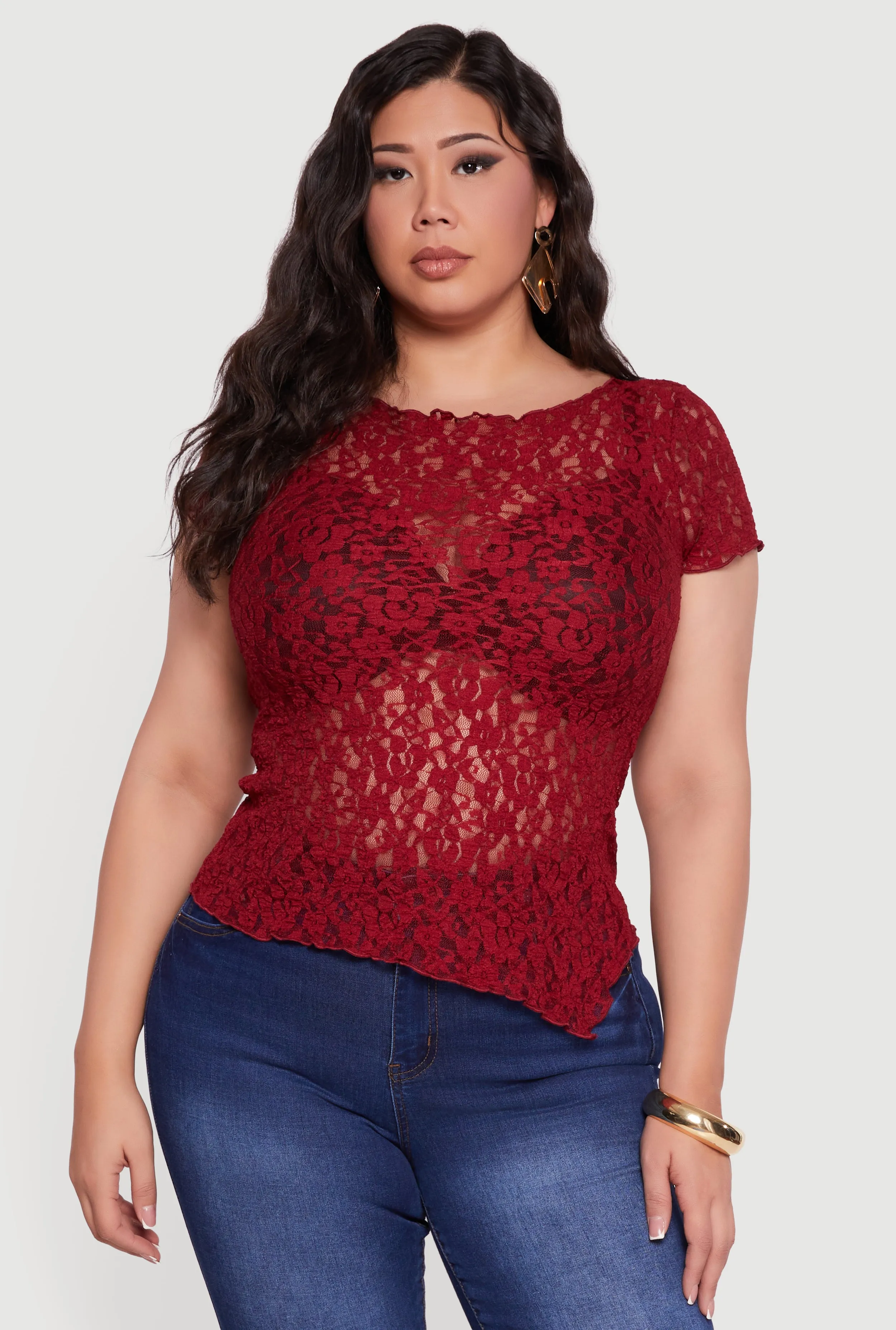Plus Size Asymmetrical Hem Short Sleeve Lace Blouse sold by Rainbow product image thumbnail 2