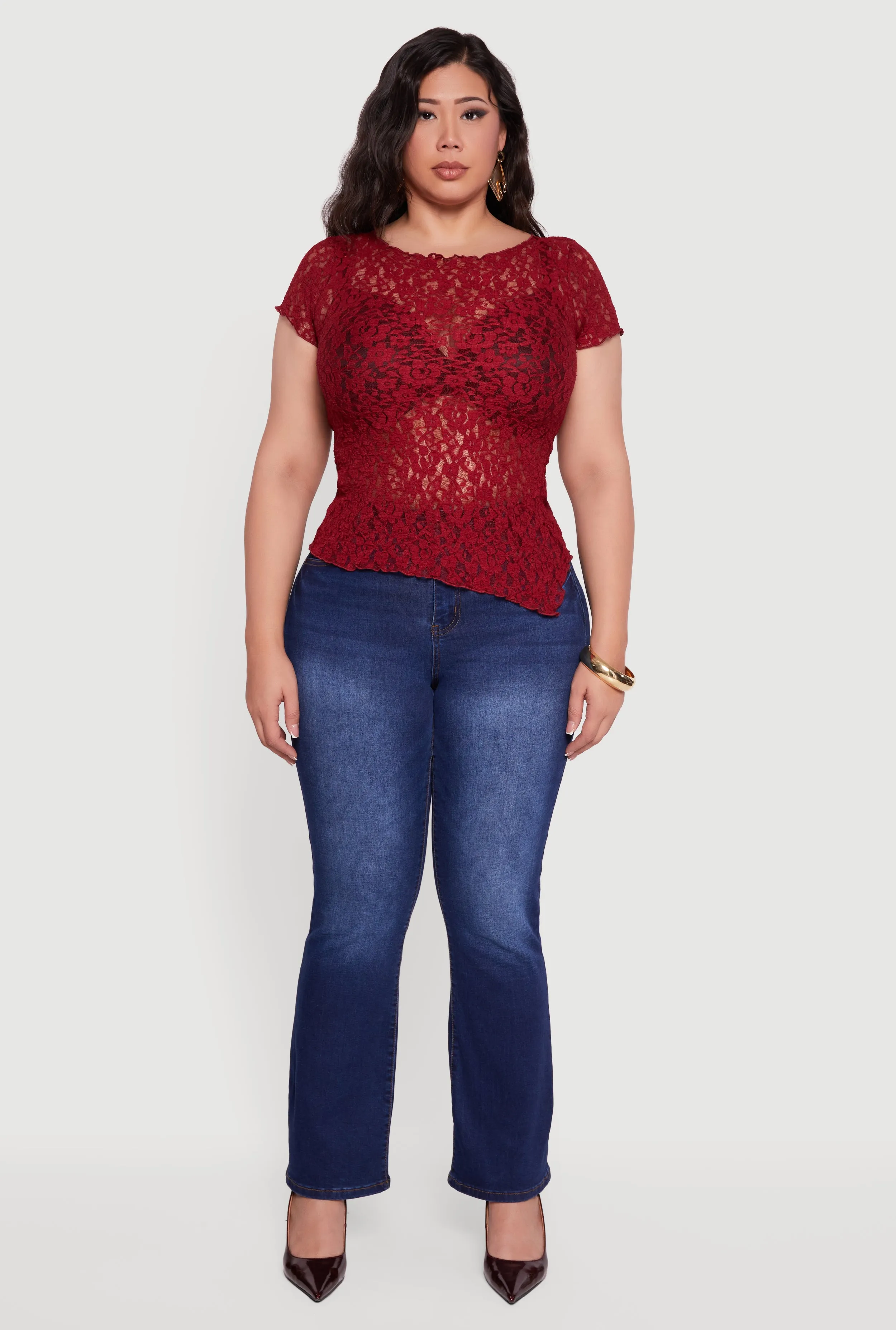 Plus Size Asymmetrical Hem Short Sleeve Lace Blouse sold by Rainbow product image thumbnail 3
