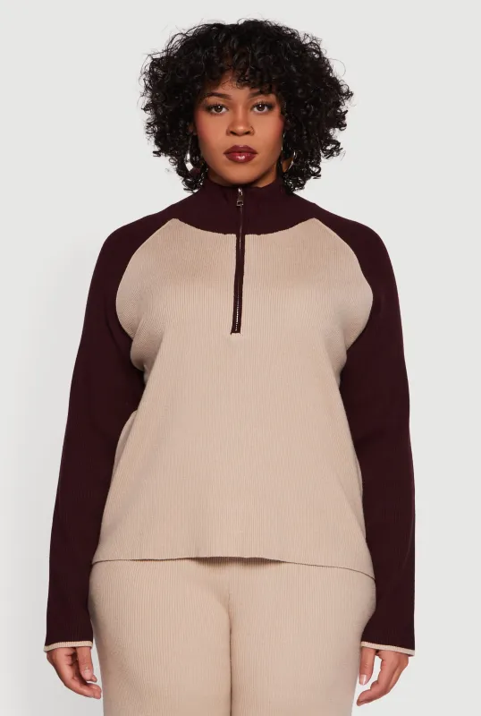 Plus Size Color Block Rib Knit Half Zip Pullover sold by Rainbow