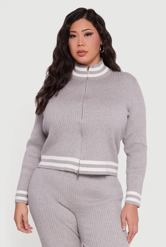 Plus Size Rib Knit Varsity Stripe Zip Front Sweater sold by Rainbow