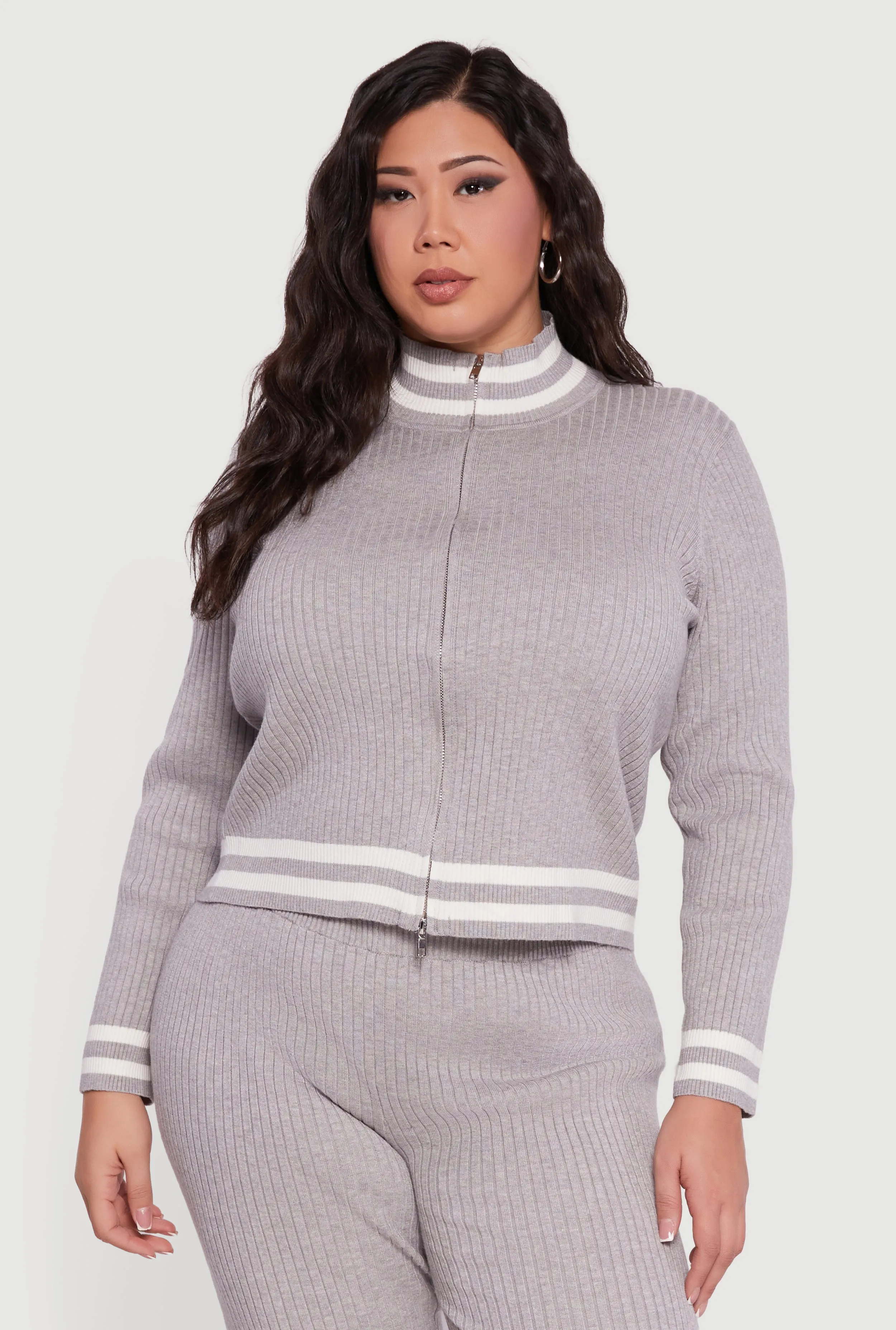 Plus Size Rib Knit Varsity Stripe Zip Front Sweater sold by Rainbow
