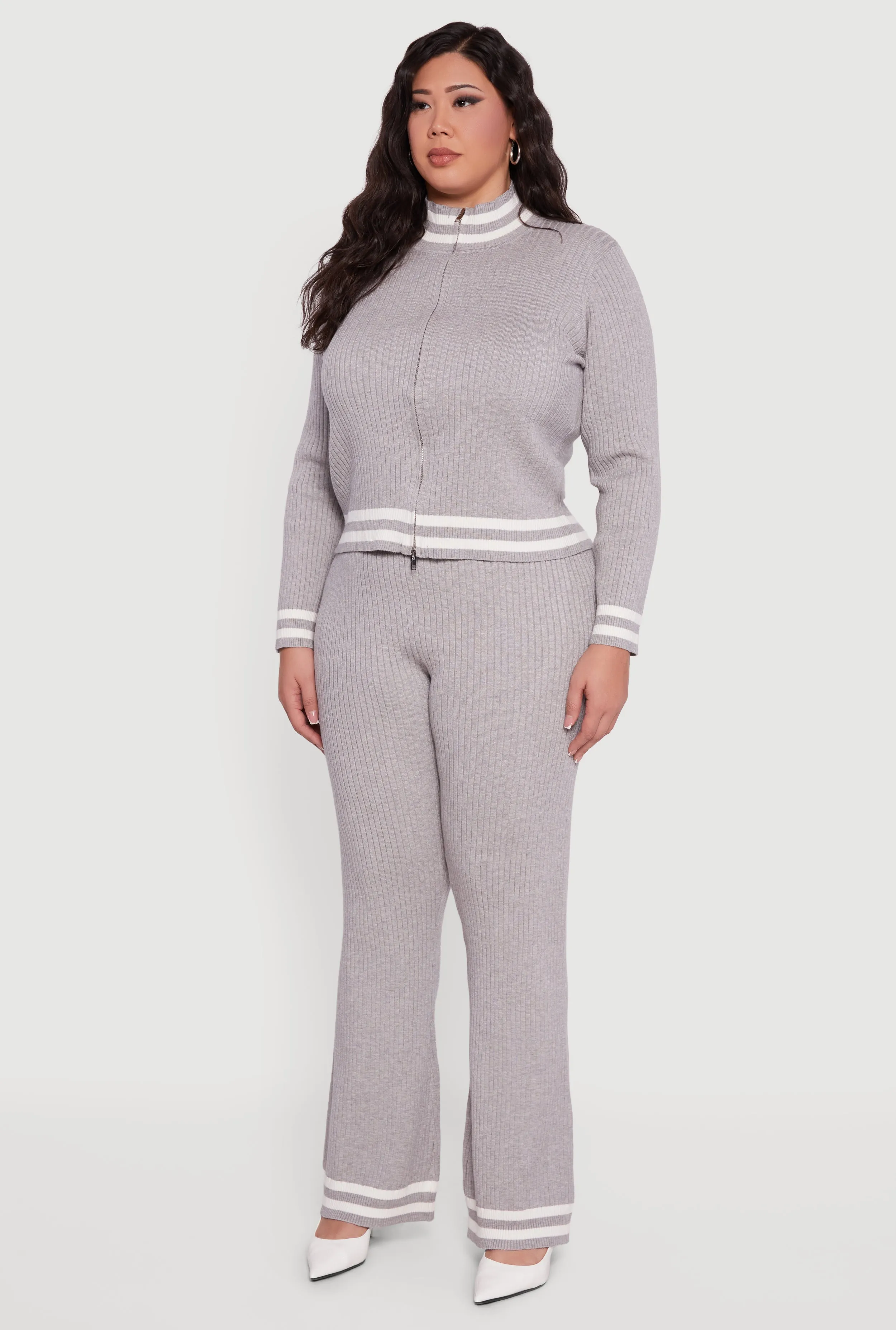 Plus Size Rib Knit Varsity Stripe Zip Front Sweater sold by Rainbow product image thumbnail 5