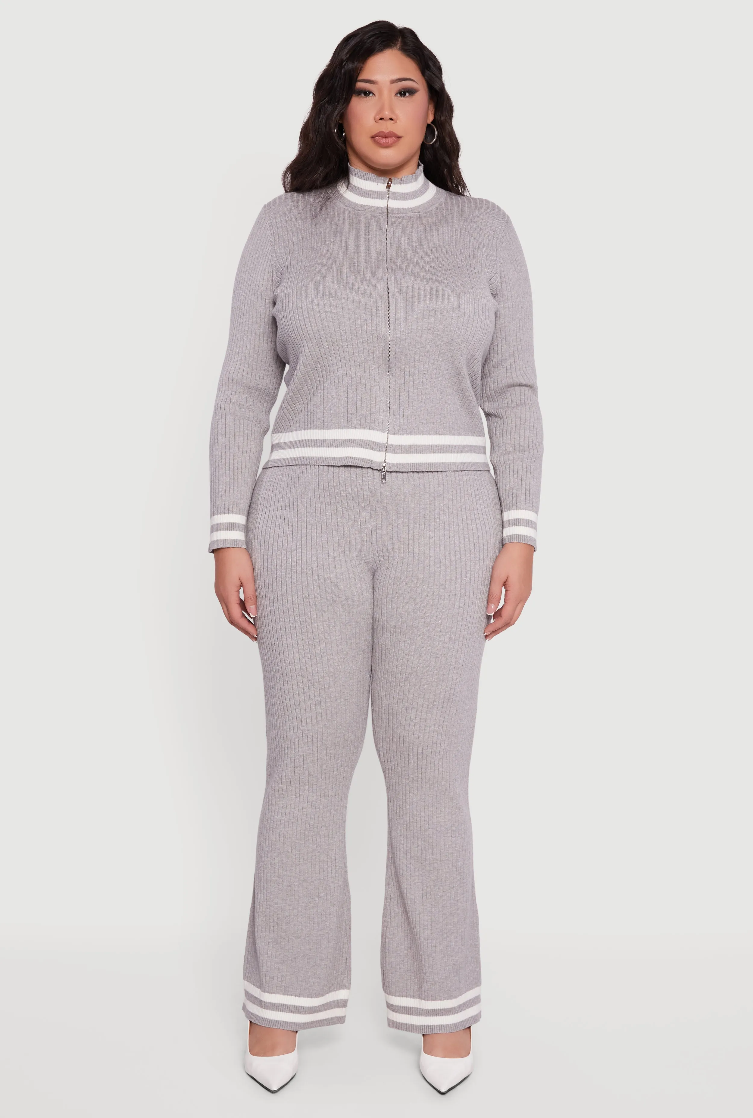 Plus Size Rib Knit Varsity Stripe Zip Front Sweater sold by Rainbow product image thumbnail 3