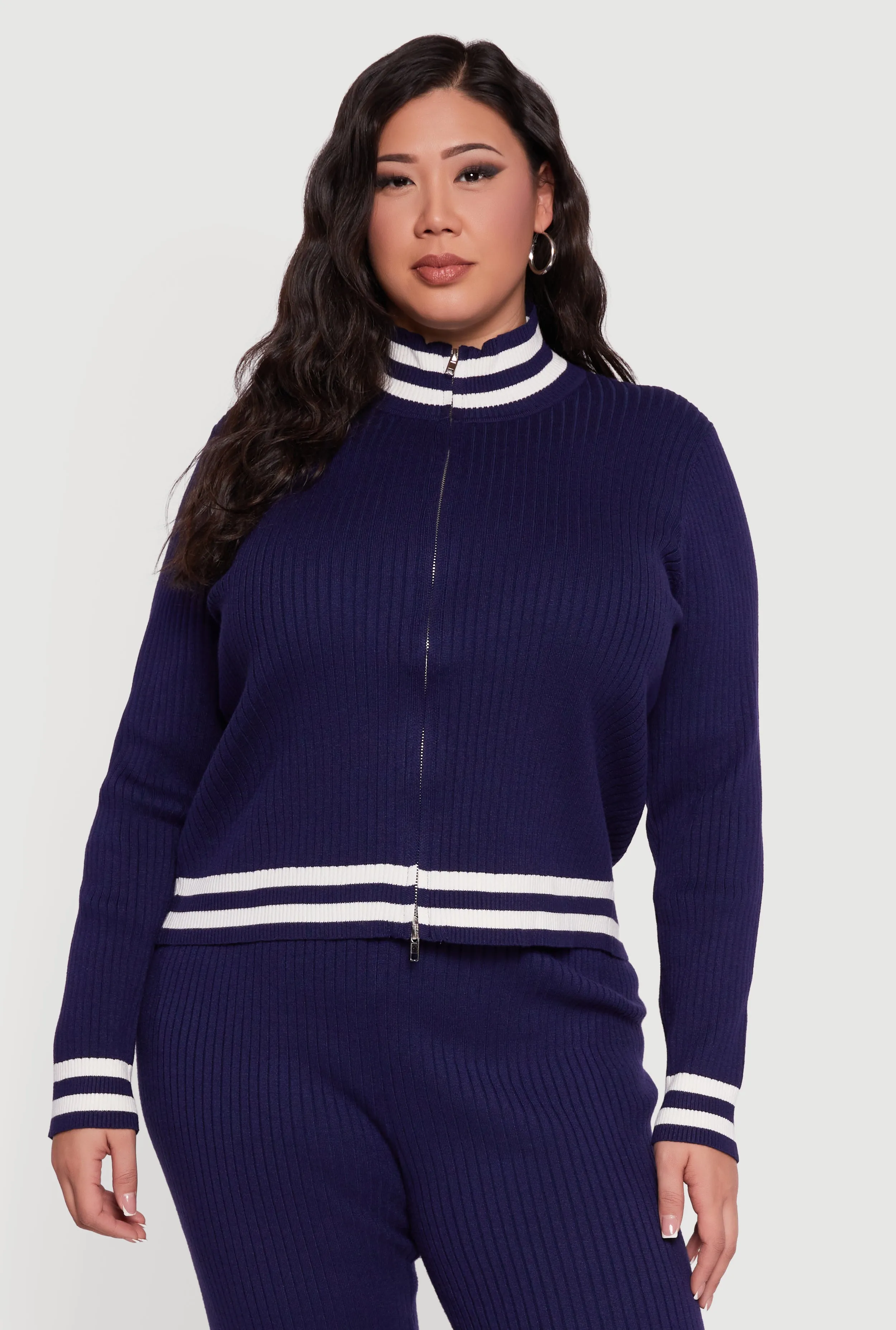 Plus Size Rib Knit Varsity Stripe Zip Front Sweater sold by Rainbow product image thumbnail 3