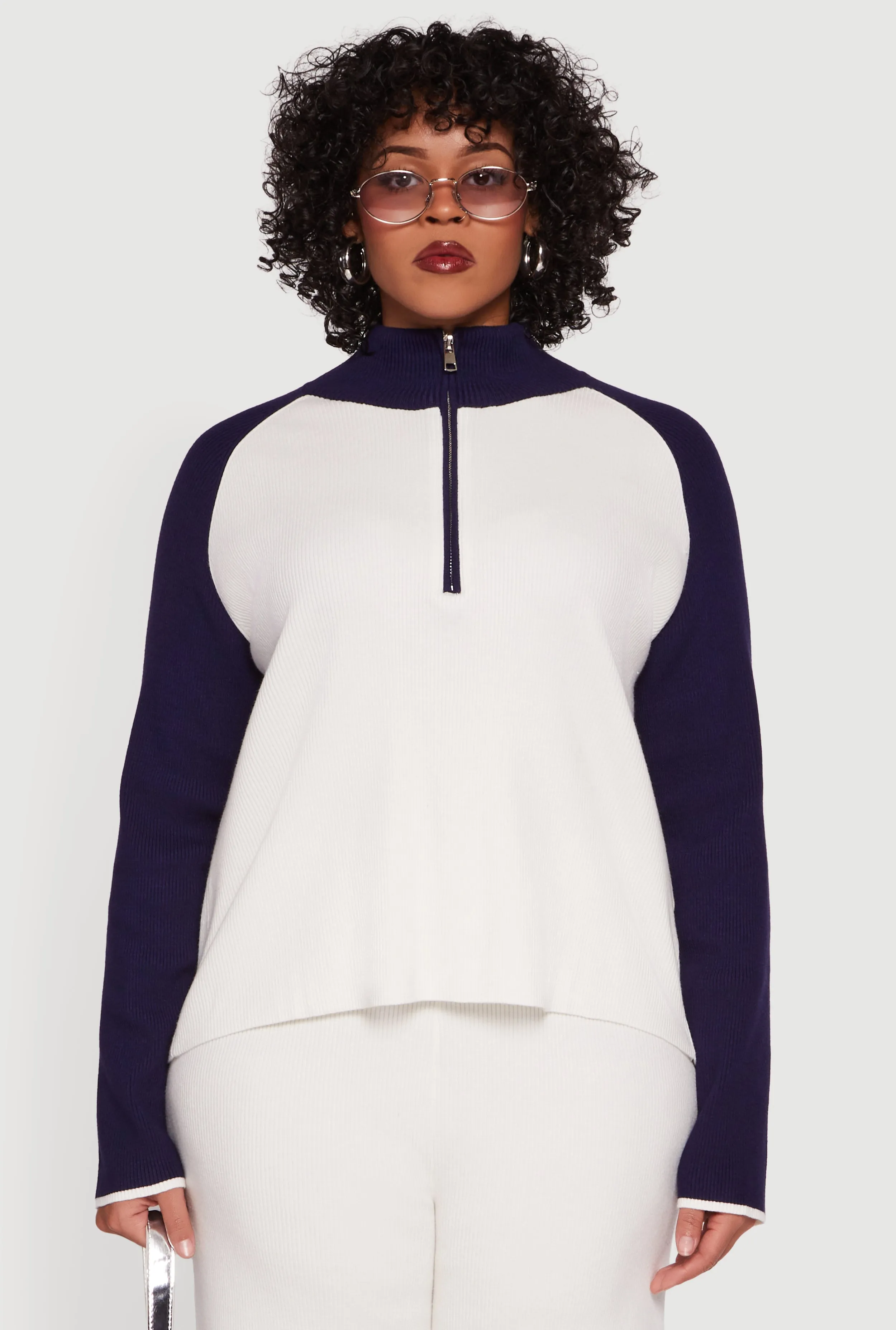 Plus Size Color Block Rib Knit Half Zip Pullover sold by Rainbow product image thumbnail 3