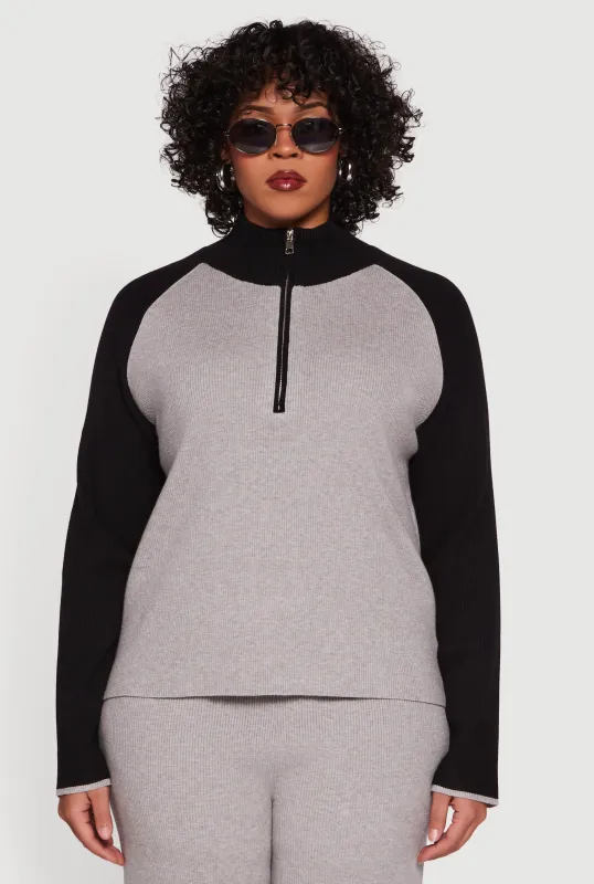 Plus Size Color Block Rib Knit Half Zip Pullover sold by Rainbow