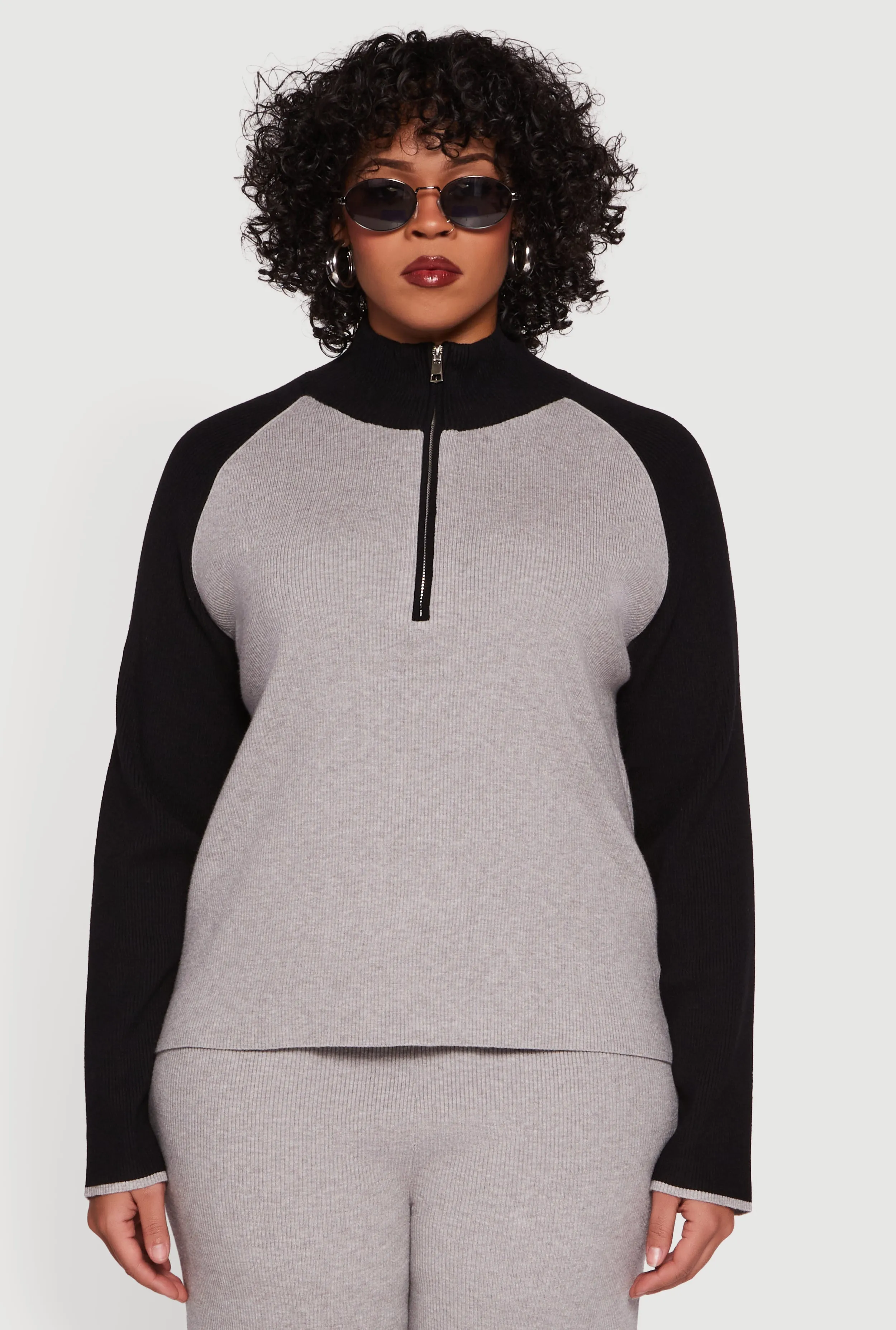 Plus Size Color Block Rib Knit Half Zip Pullover sold by Rainbow