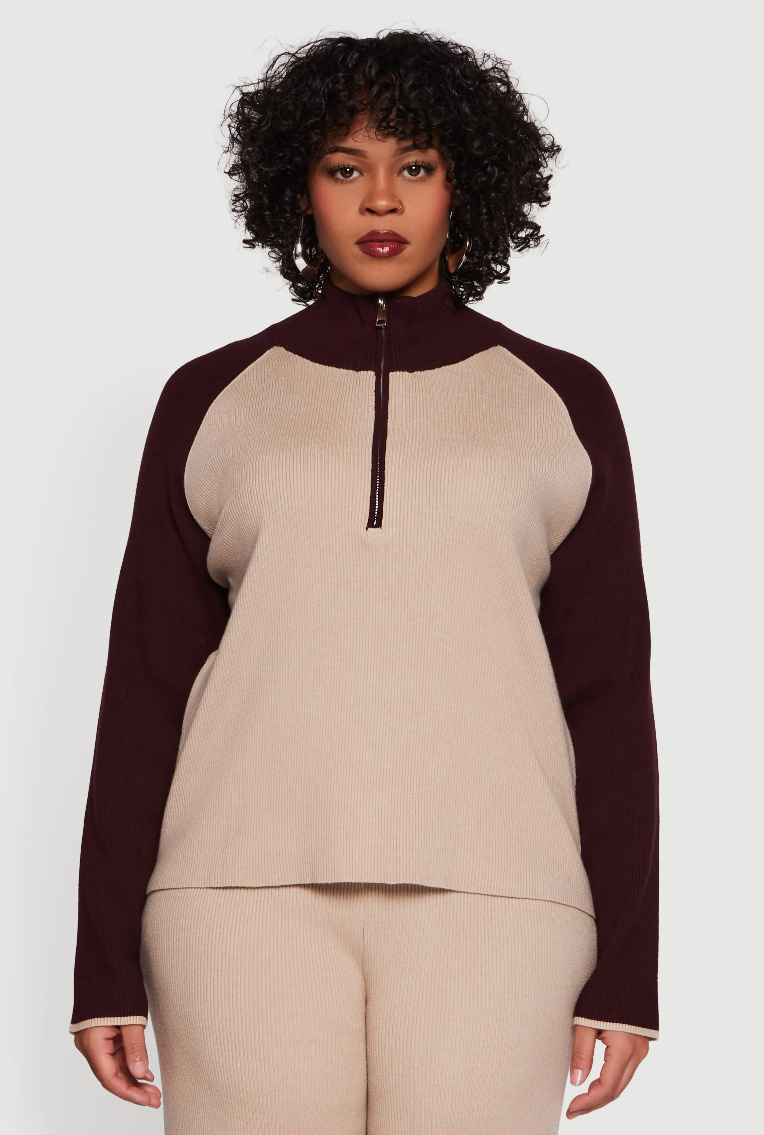 Plus Size Color Block Rib Knit Half Zip Pullover sold by Rainbow product image thumbnail 2