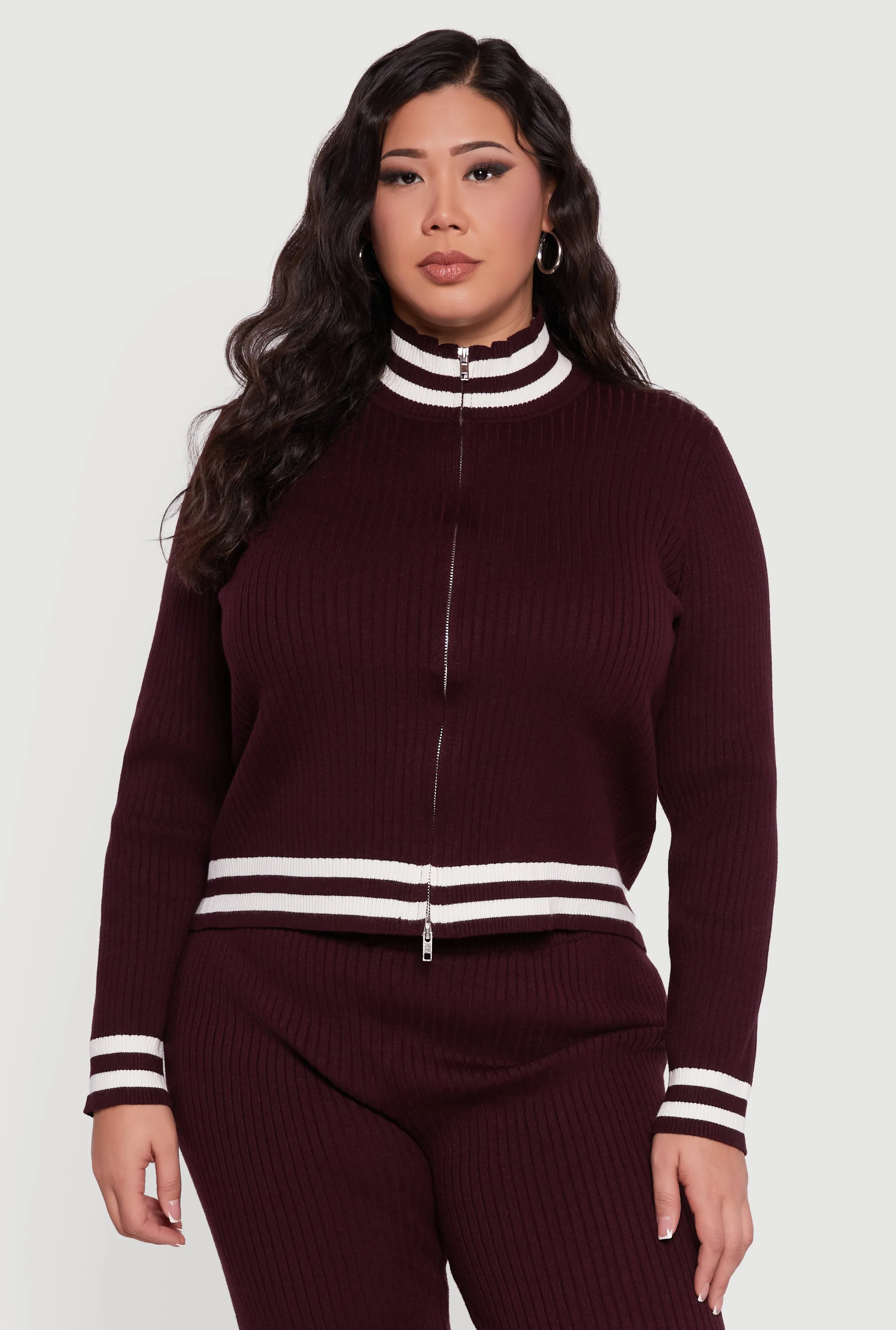 Plus Size Rib Knit Varsity Stripe Zip Front Sweater sold by Rainbow