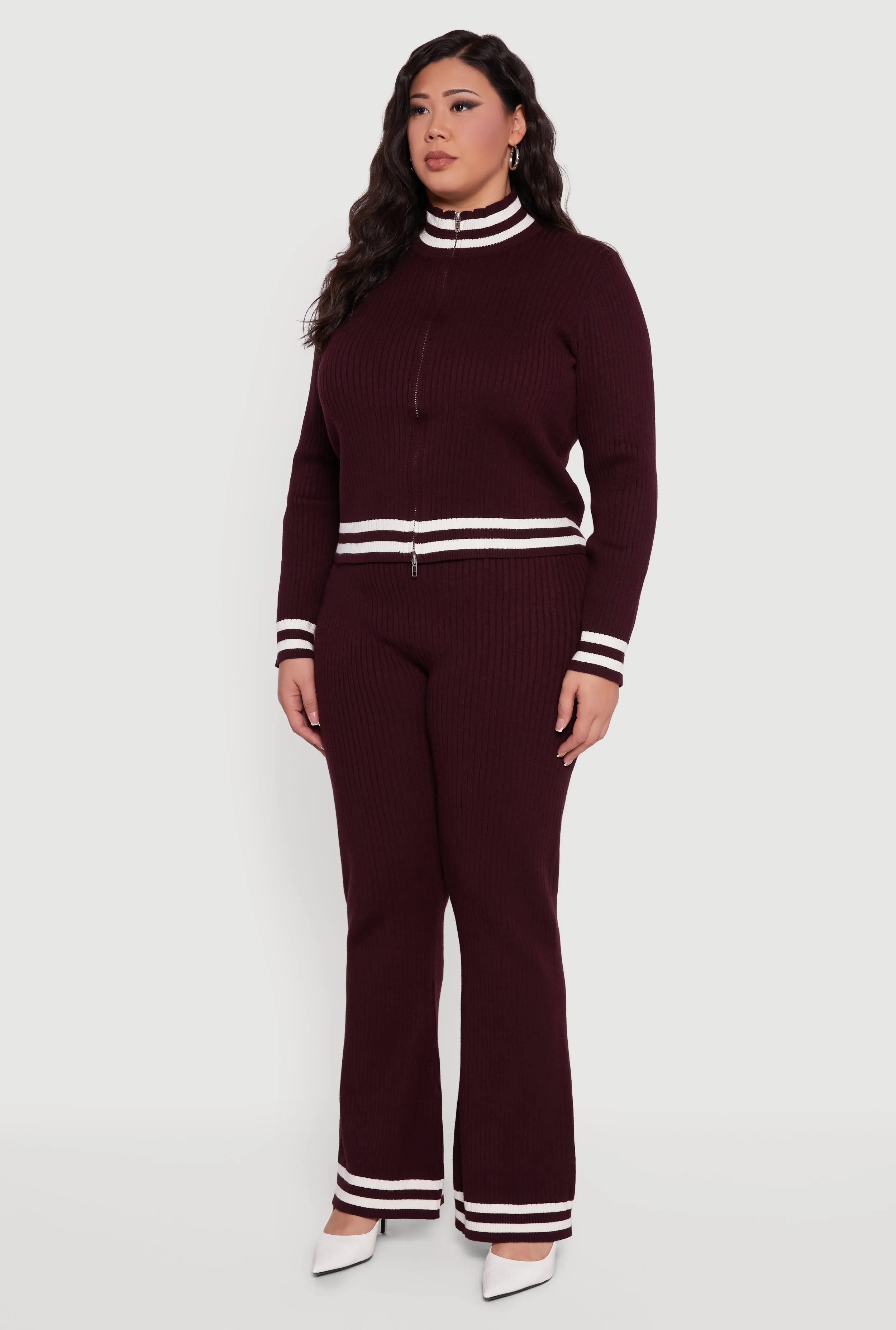 Plus Size Rib Knit Varsity Stripe Zip Front Sweater sold by Rainbow product image thumbnail 5