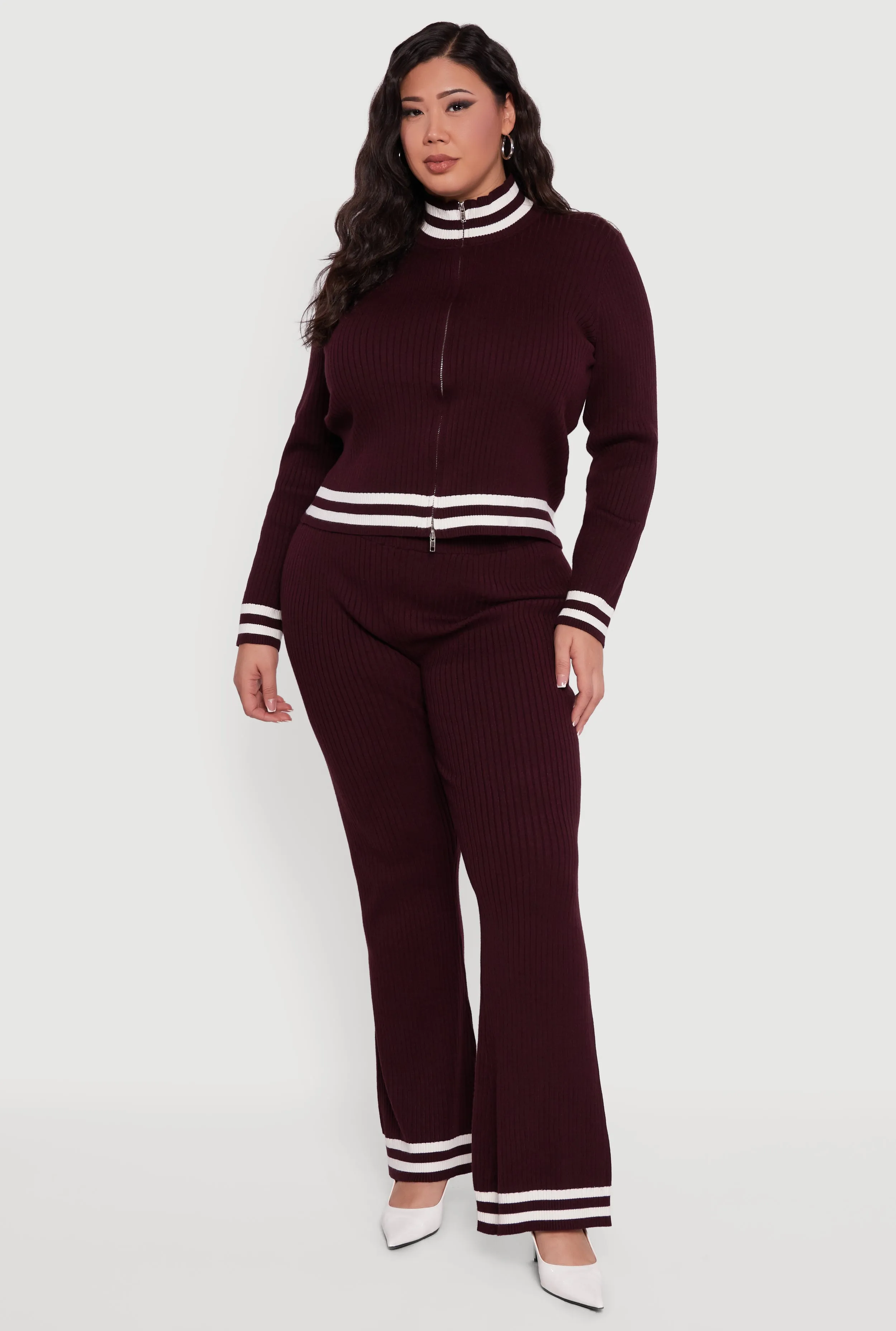 Plus Size Rib Knit Varsity Stripe Zip Front Sweater sold by Rainbow product image thumbnail 2