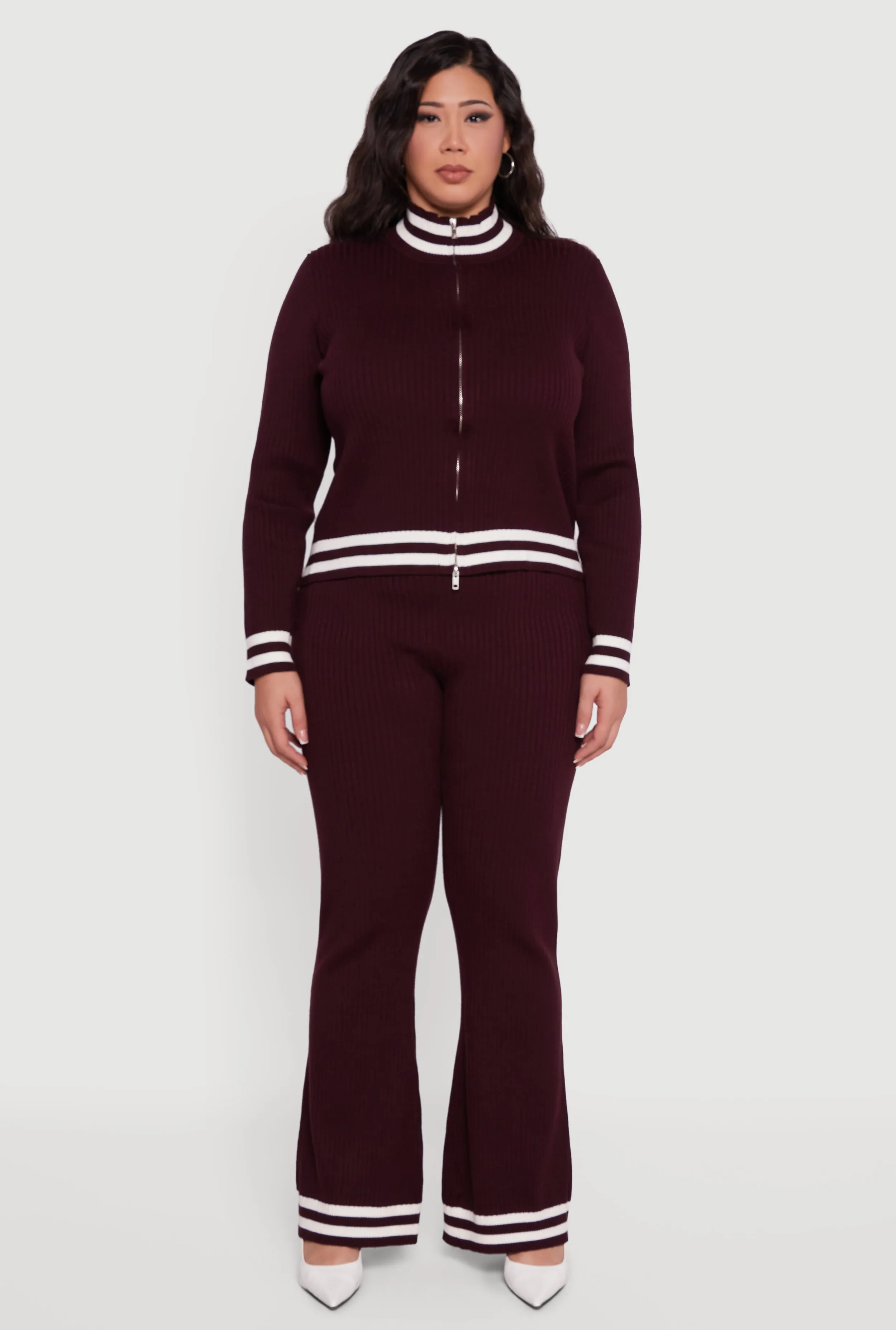 Plus Size Rib Knit Varsity Stripe Zip Front Sweater sold by Rainbow product image thumbnail 3