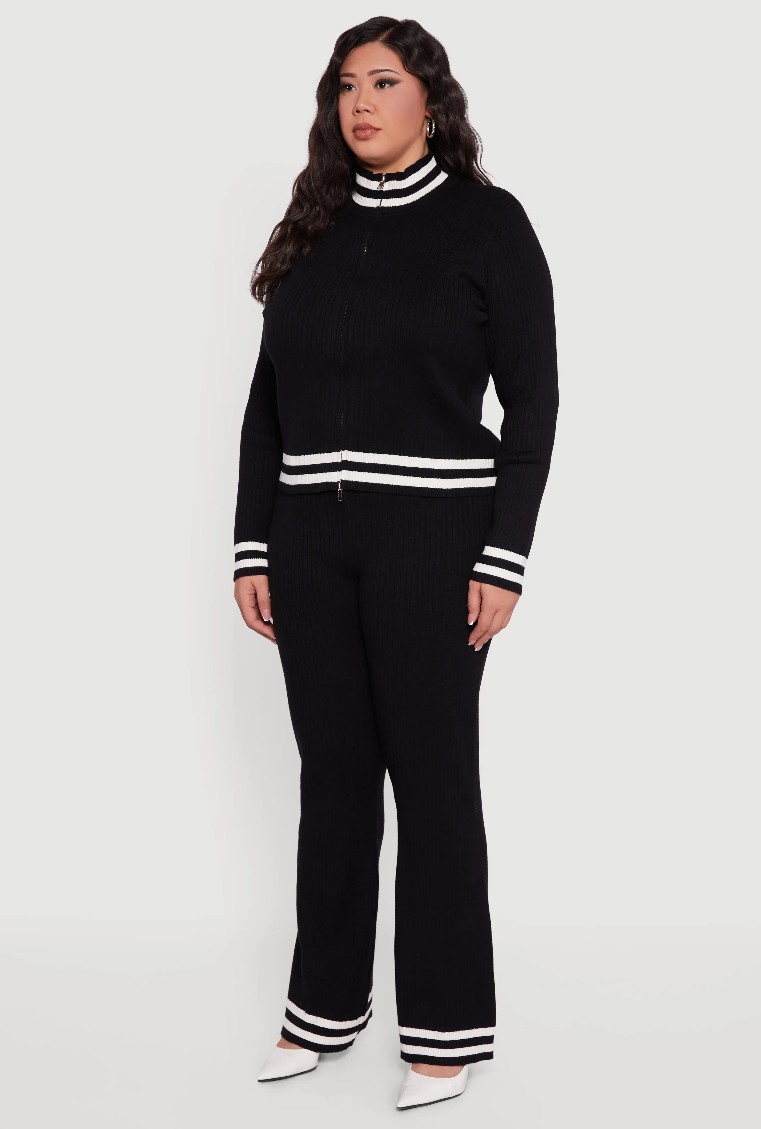 Plus Size Rib Knit Varsity Stripe Zip Front Sweater sold by Rainbow product image thumbnail 5