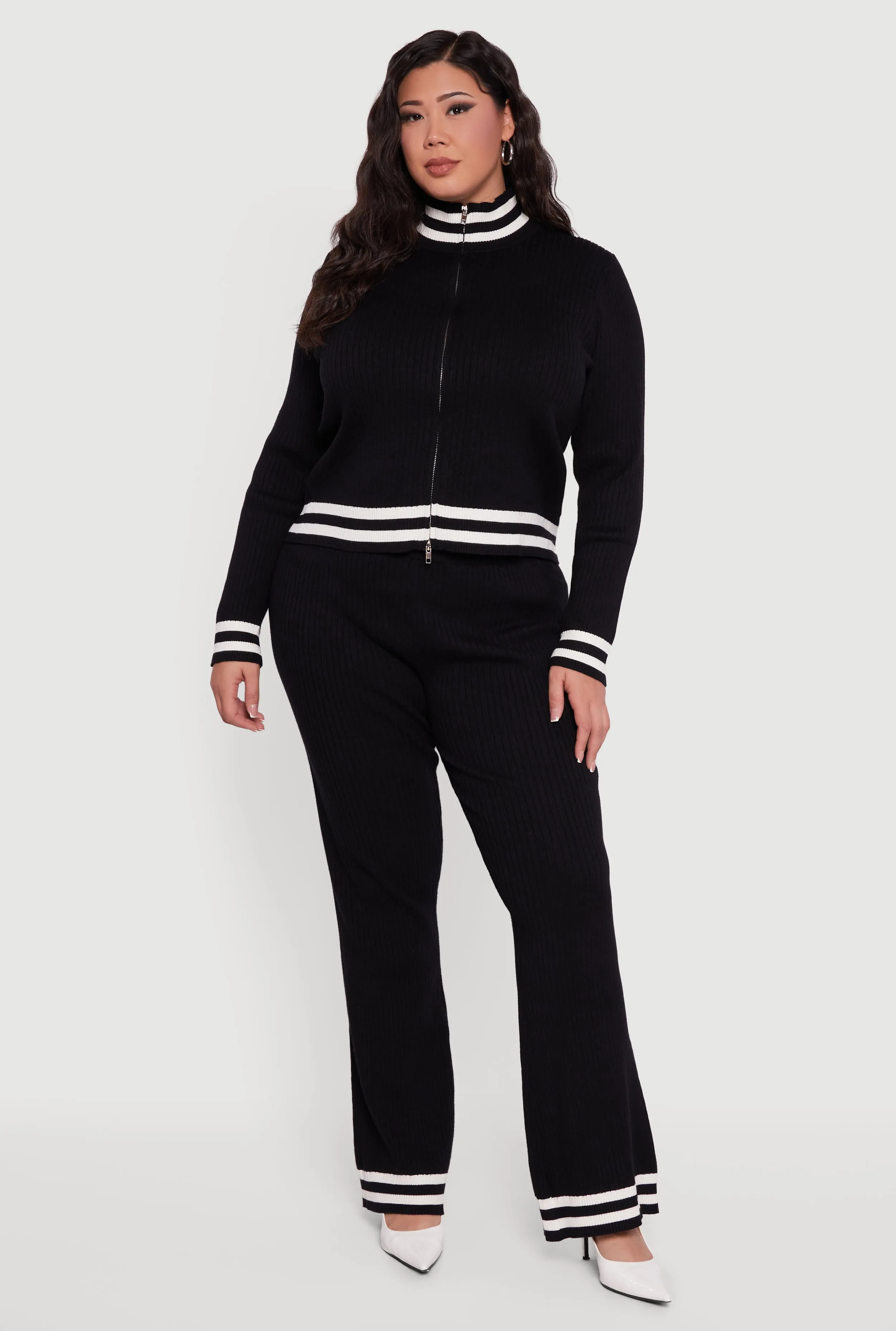 Plus Size Rib Knit Varsity Stripe Zip Front Sweater sold by Rainbow product image thumbnail 2
