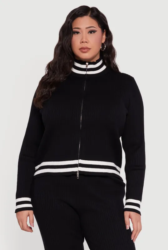 Plus Size Rib Knit Varsity Stripe Zip Front Sweater sold by Rainbow
