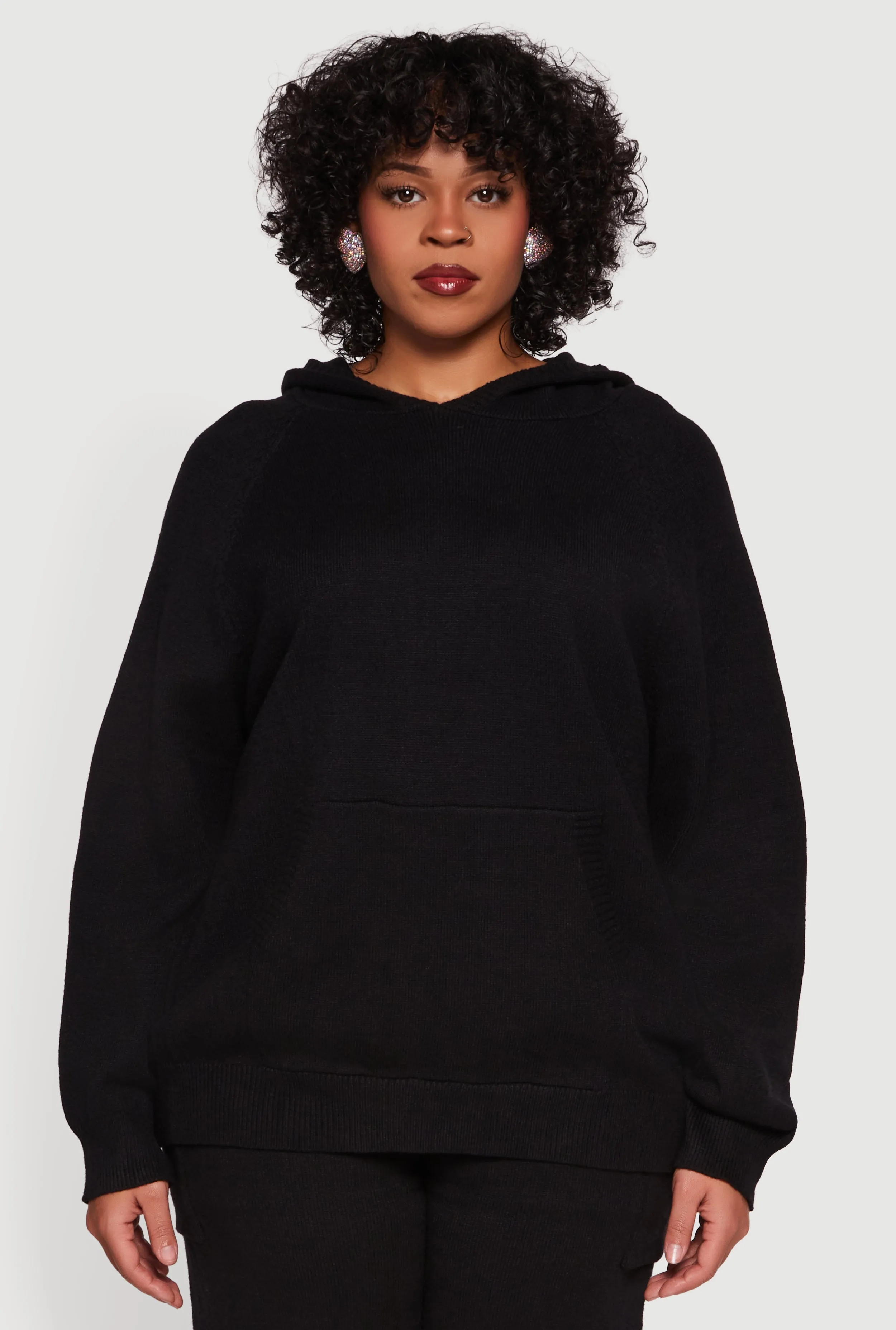 Plus Size Kangaroo Pocket Ribbed Knit Sweater Hoodie sold by Rainbow product image thumbnail 2