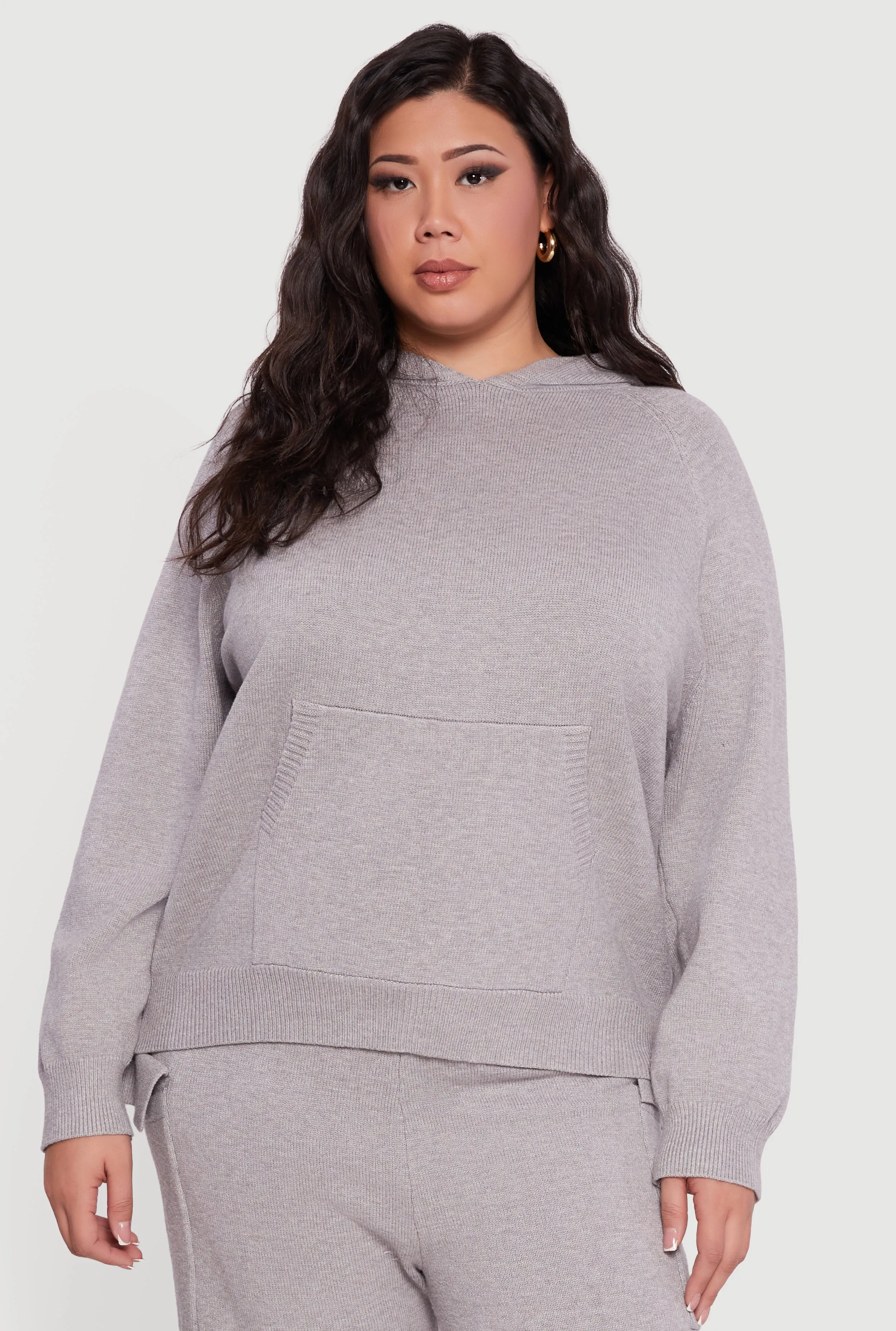 Plus Size Kangaroo Pocket Ribbed Knit Sweater Hoodie sold by Rainbow product image thumbnail 4