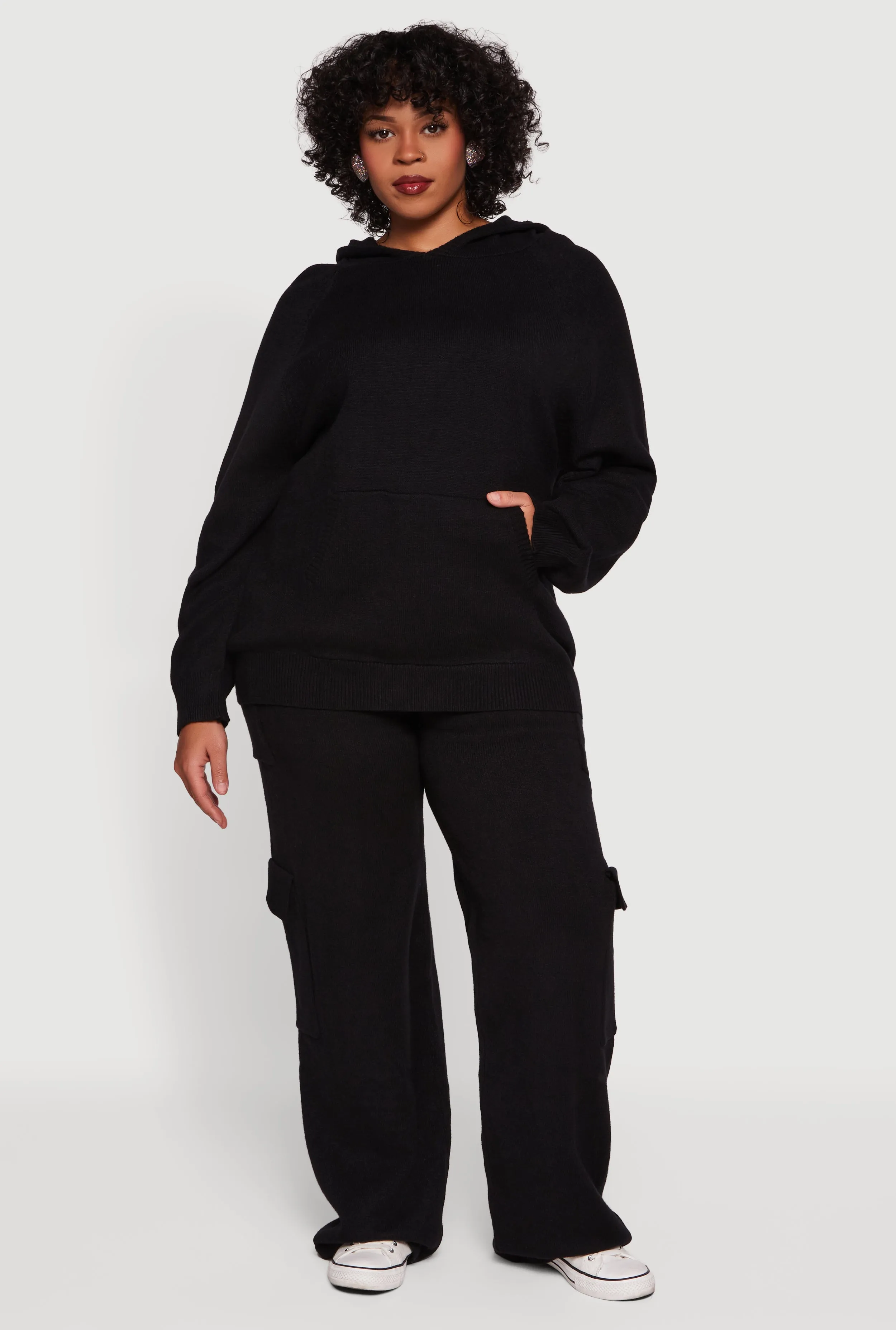 Plus Size Kangaroo Pocket Ribbed Knit Sweater Hoodie sold by Rainbow product image thumbnail 3
