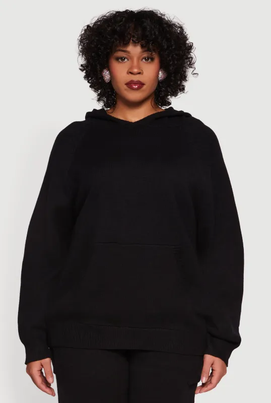 Plus Size Kangaroo Pocket Ribbed Knit Sweater Hoodie sold by Rainbow