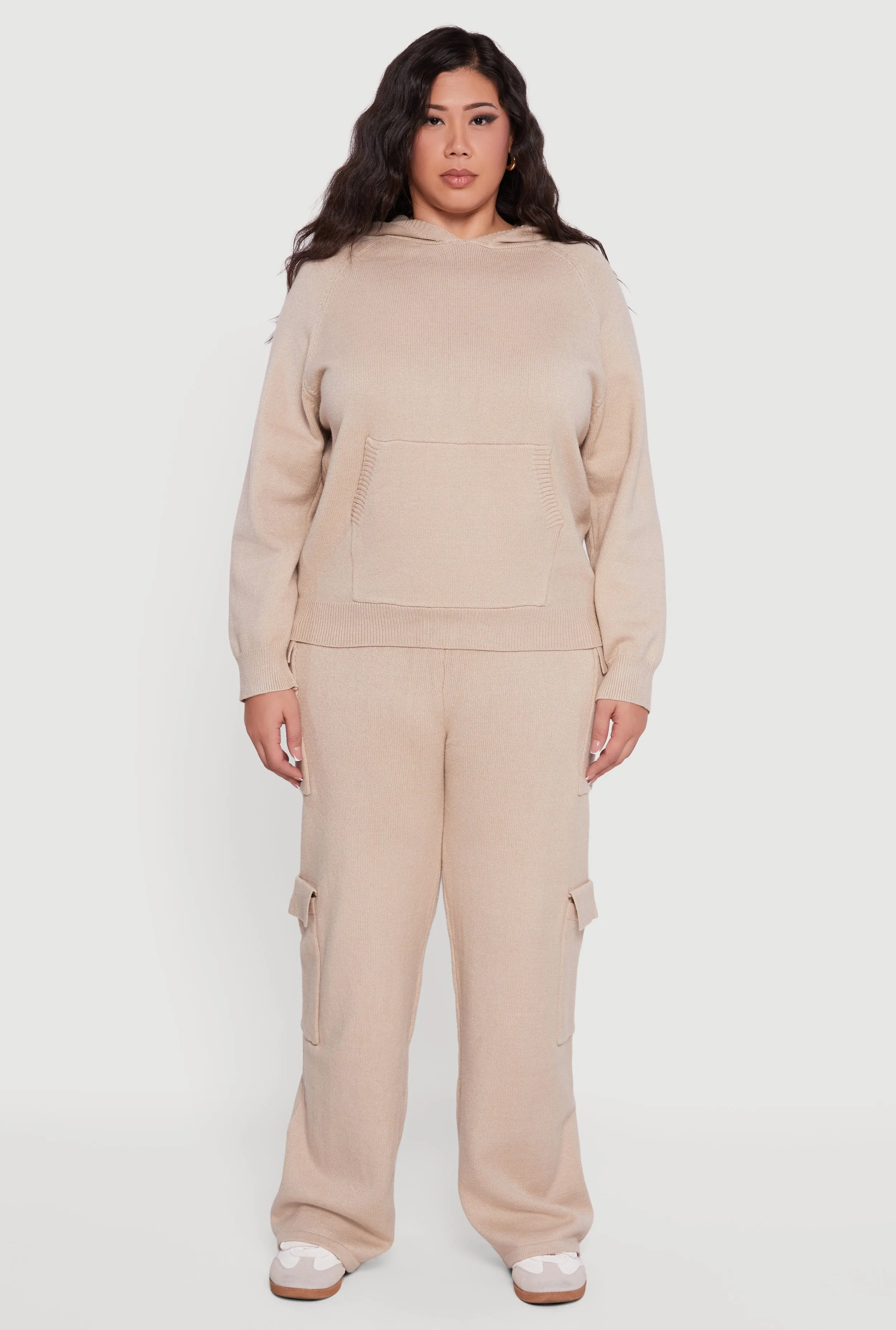 Plus Size Kangaroo Pocket Ribbed Knit Sweater Hoodie sold by Rainbow product image thumbnail 3