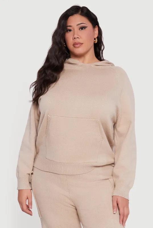 Plus Size Kangaroo Pocket Ribbed Knit Sweater Hoodie sold by Rainbow