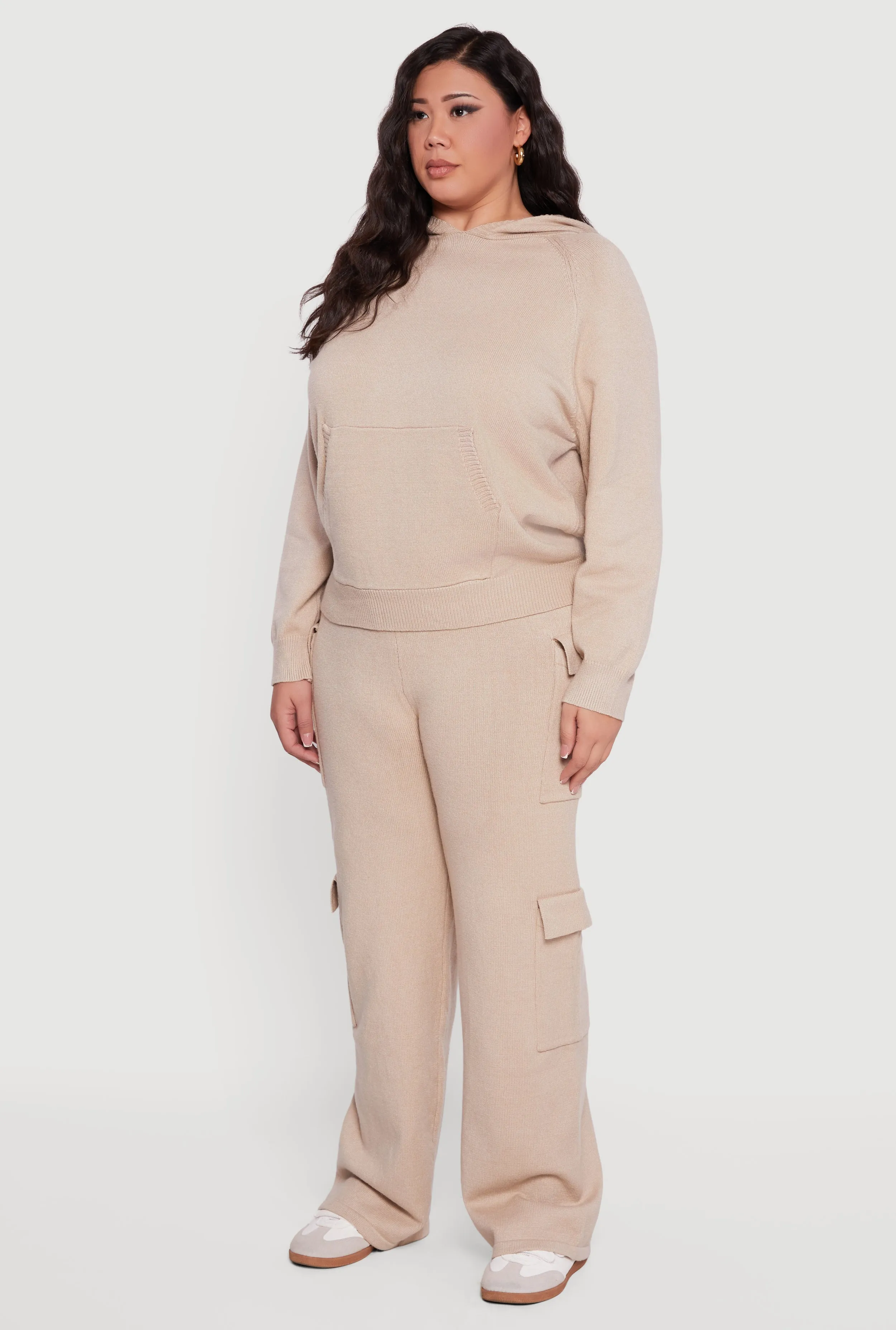 Plus Size Kangaroo Pocket Ribbed Knit Sweater Hoodie sold by Rainbow product image thumbnail 5