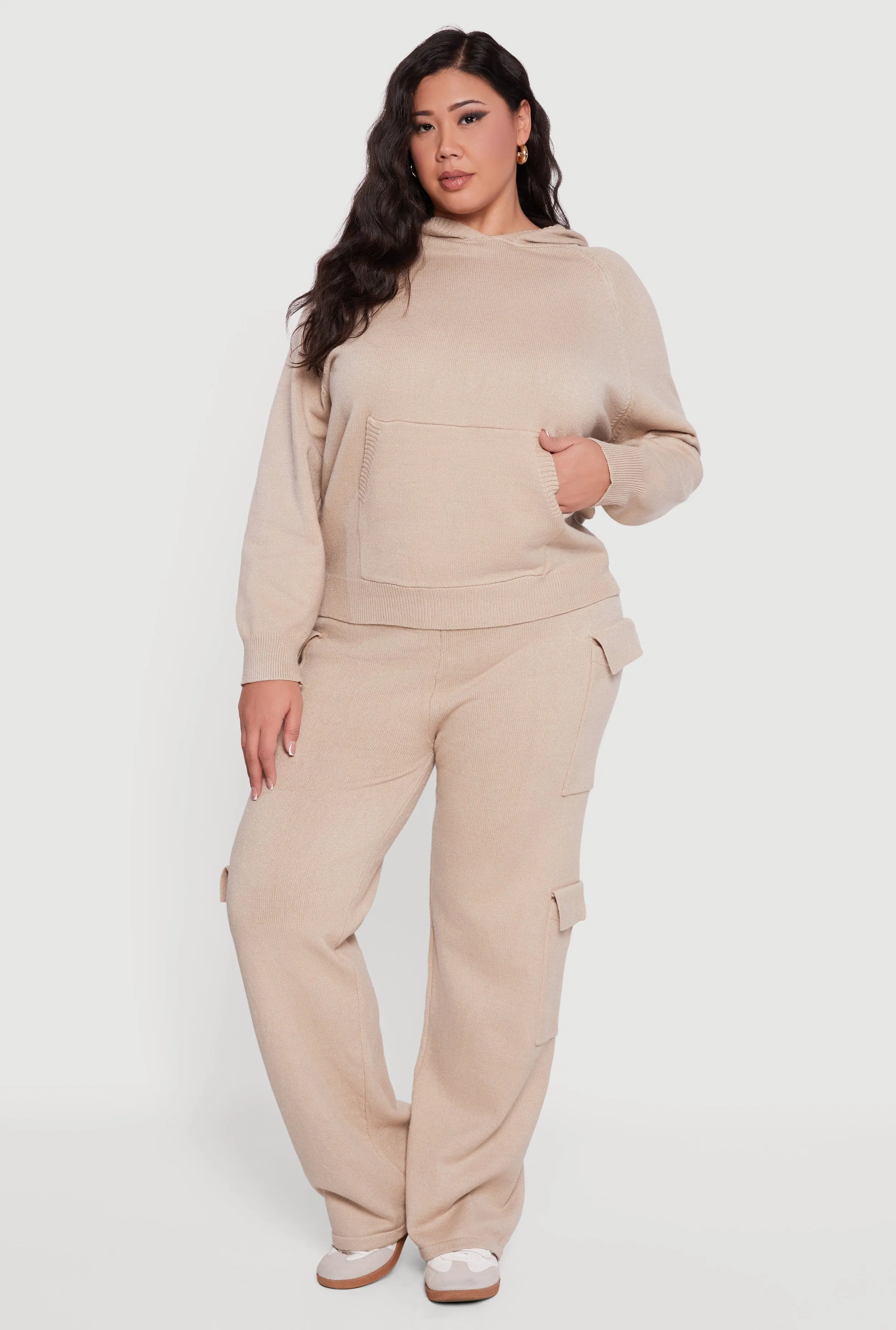 Plus Size Kangaroo Pocket Ribbed Knit Sweater Hoodie sold by Rainbow product image thumbnail 2