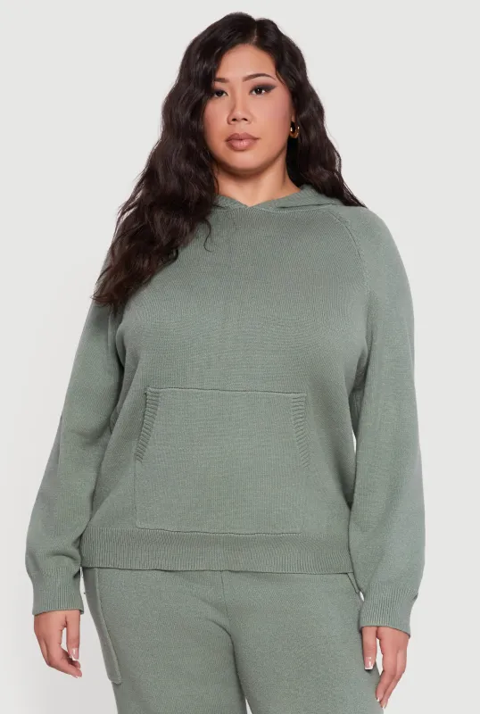 Plus Size Kangaroo Pocket Ribbed Knit Sweater Hoodie sold by Rainbow