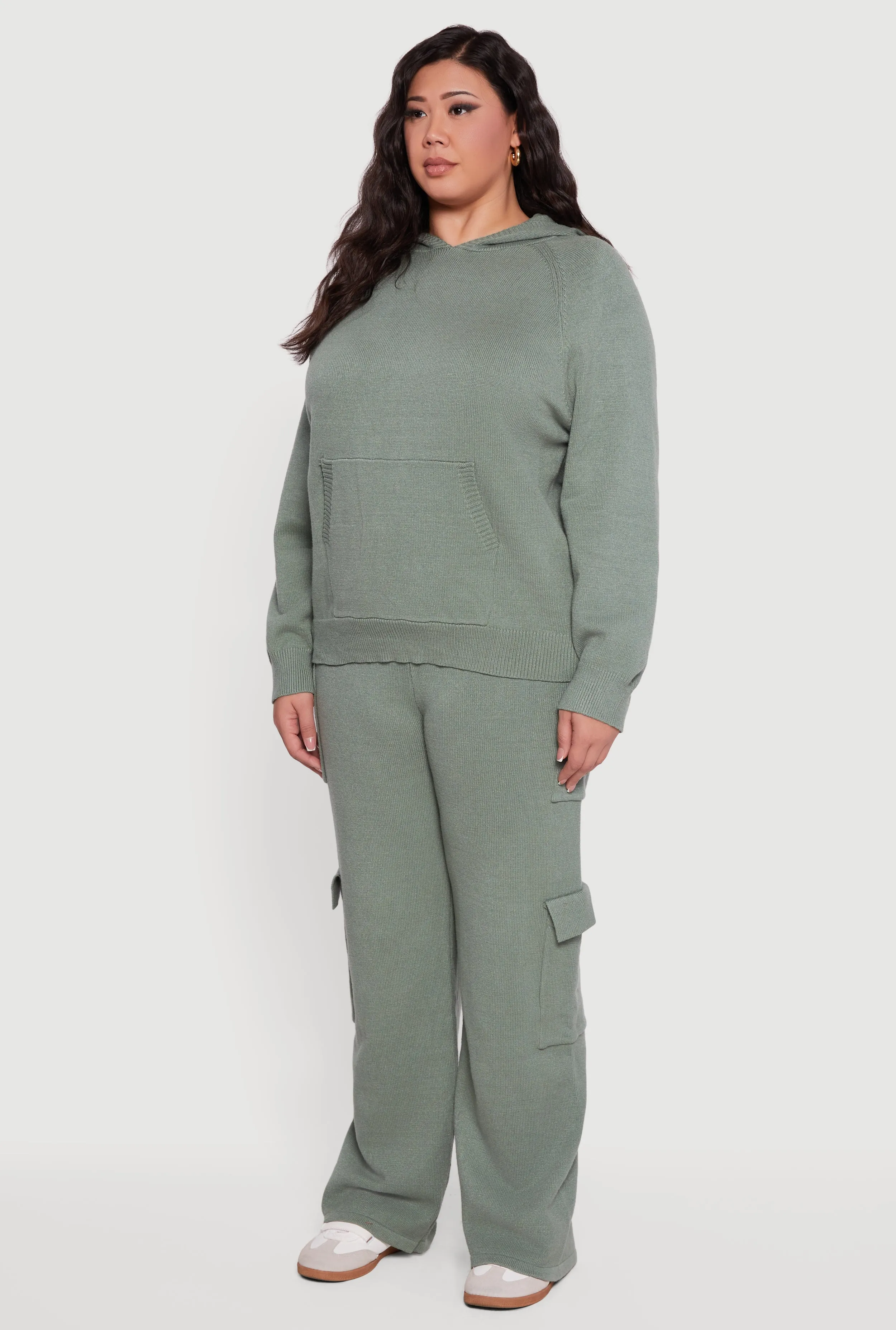 Plus Size Kangaroo Pocket Ribbed Knit Sweater Hoodie sold by Rainbow product image thumbnail 5