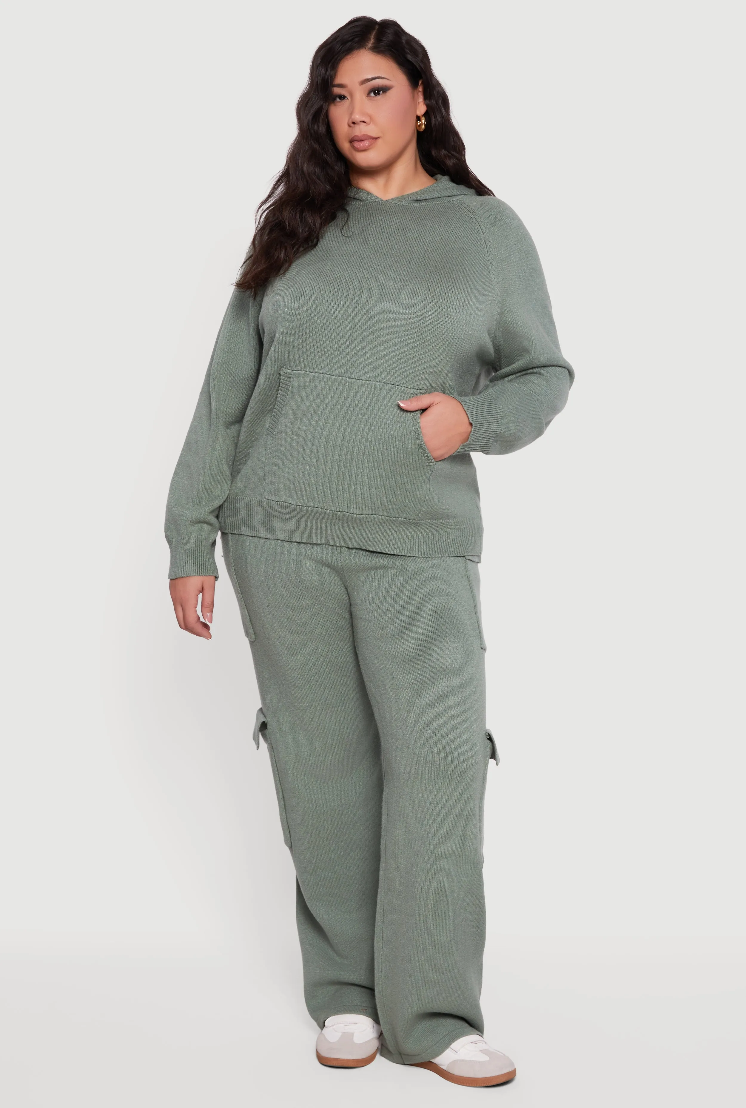 Plus Size Kangaroo Pocket Ribbed Knit Sweater Hoodie sold by Rainbow product image thumbnail 2