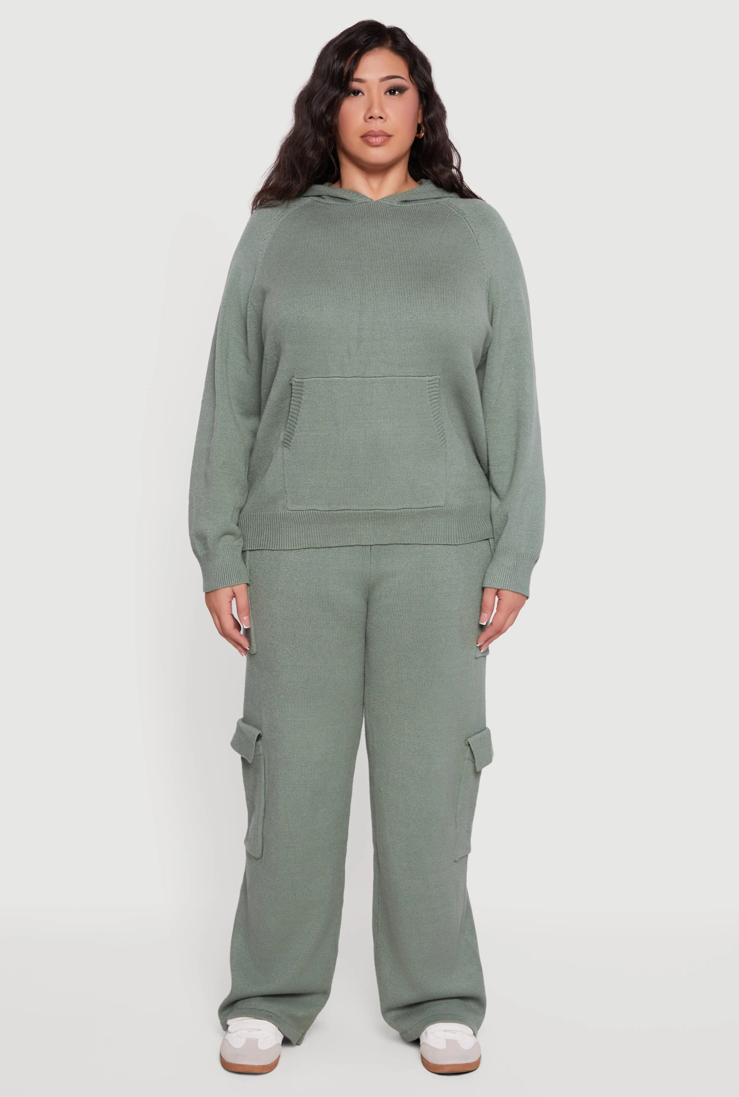 Plus Size Kangaroo Pocket Ribbed Knit Sweater Hoodie sold by Rainbow product image thumbnail 3