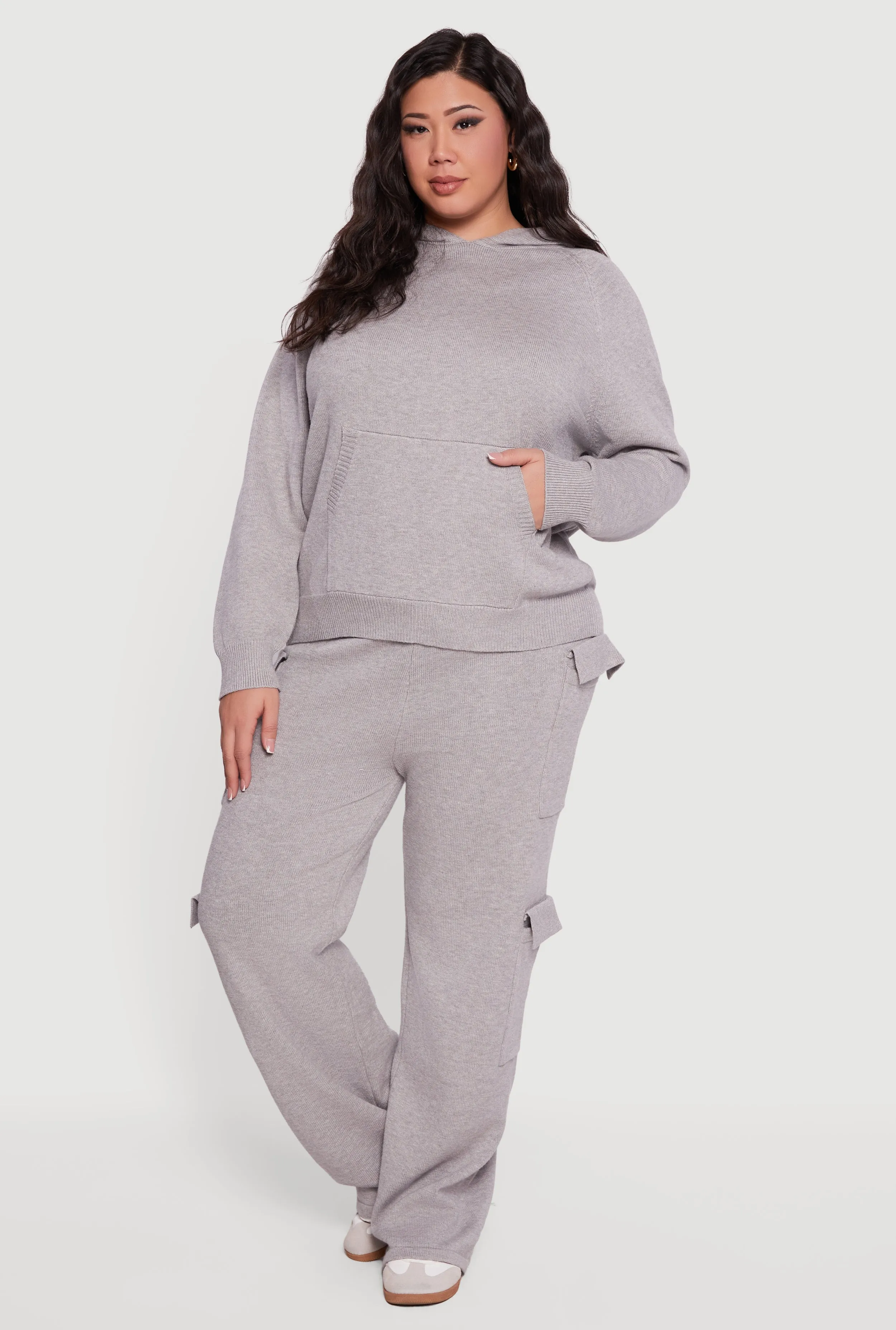 Plus Size Kangaroo Pocket Ribbed Knit Sweater Hoodie sold by Rainbow product image thumbnail 2