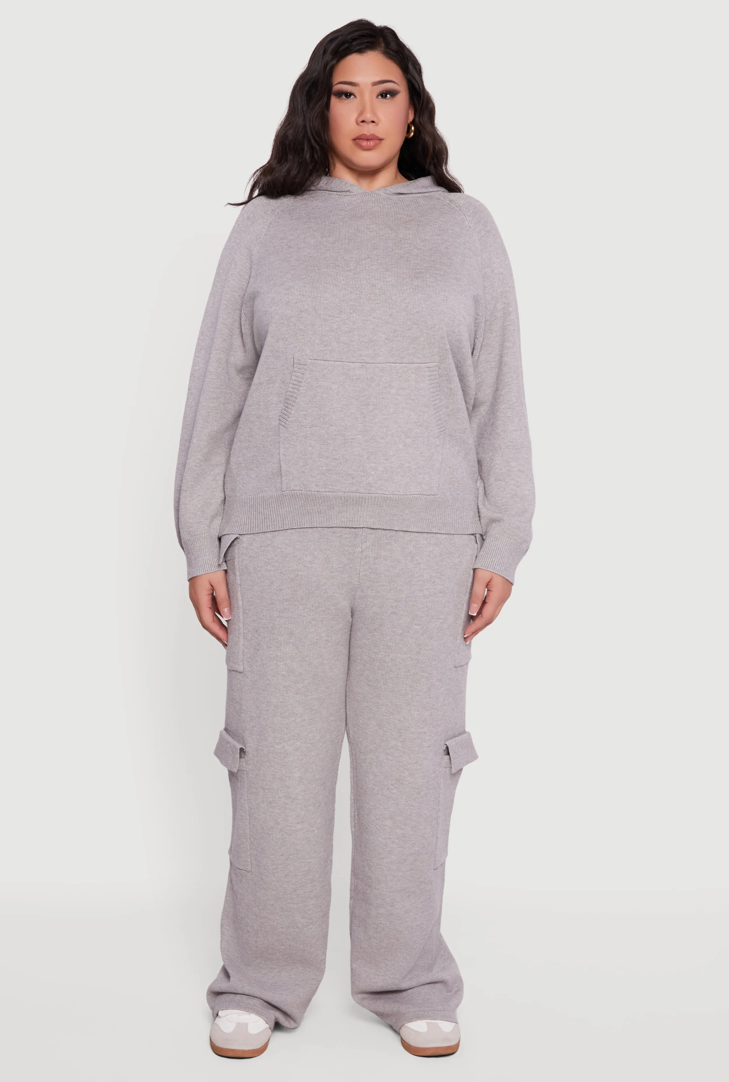 Plus Size Kangaroo Pocket Ribbed Knit Sweater Hoodie sold by Rainbow product image thumbnail 3