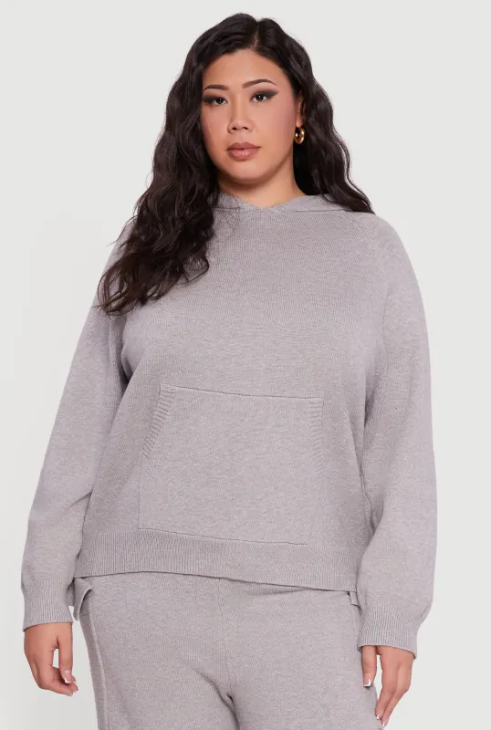 Plus Size Kangaroo Pocket Ribbed Knit Sweater Hoodie sold by Rainbow