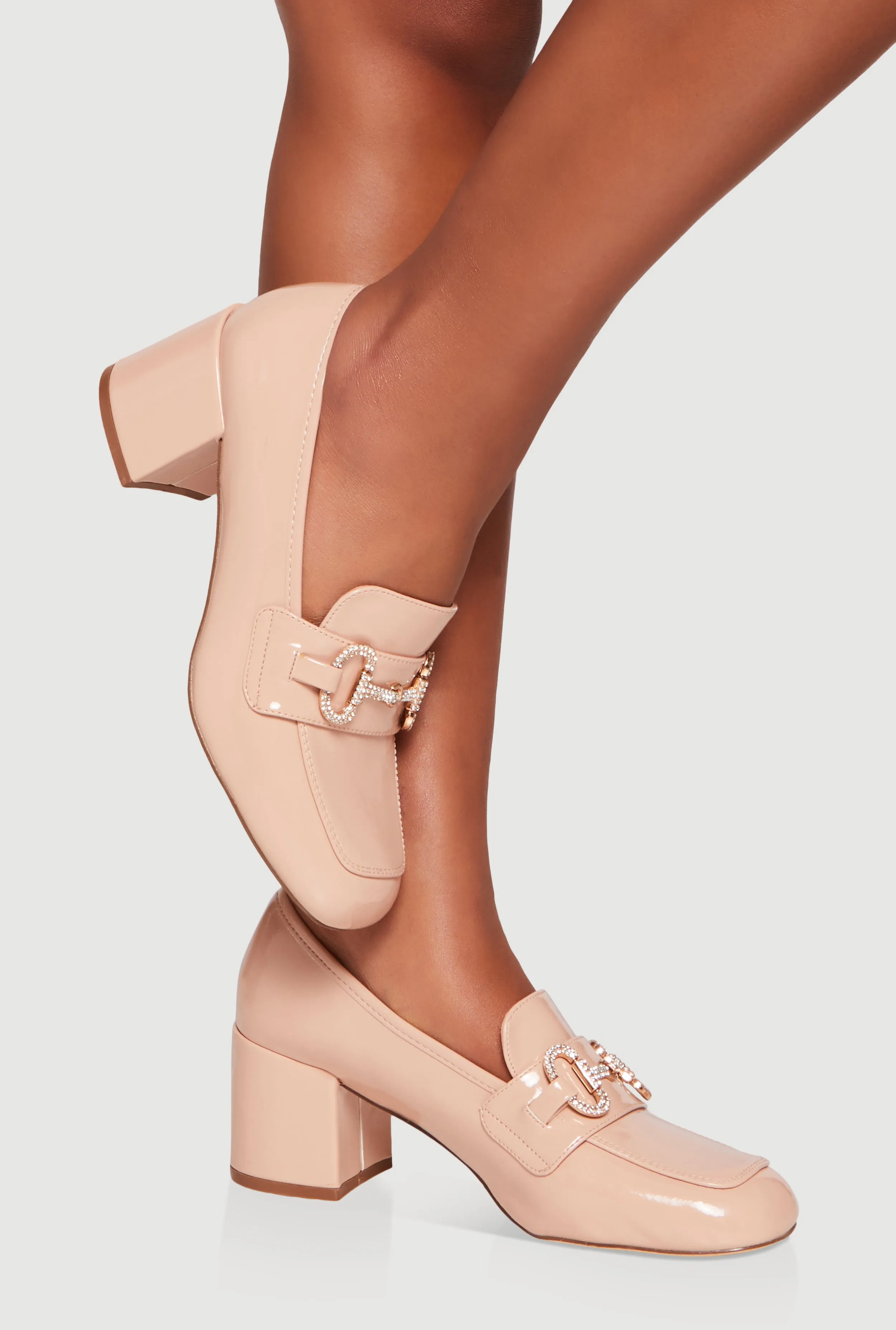 Rhinestone Horsebit Mid Block Heel Loafers sold by Rainbow