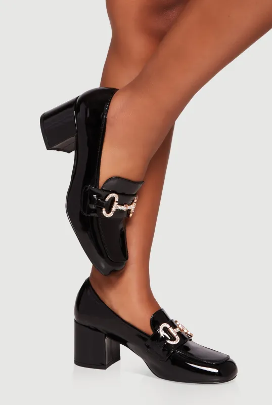 Rhinestone Horsebit Mid Block Heel Loafers sold by Rainbow