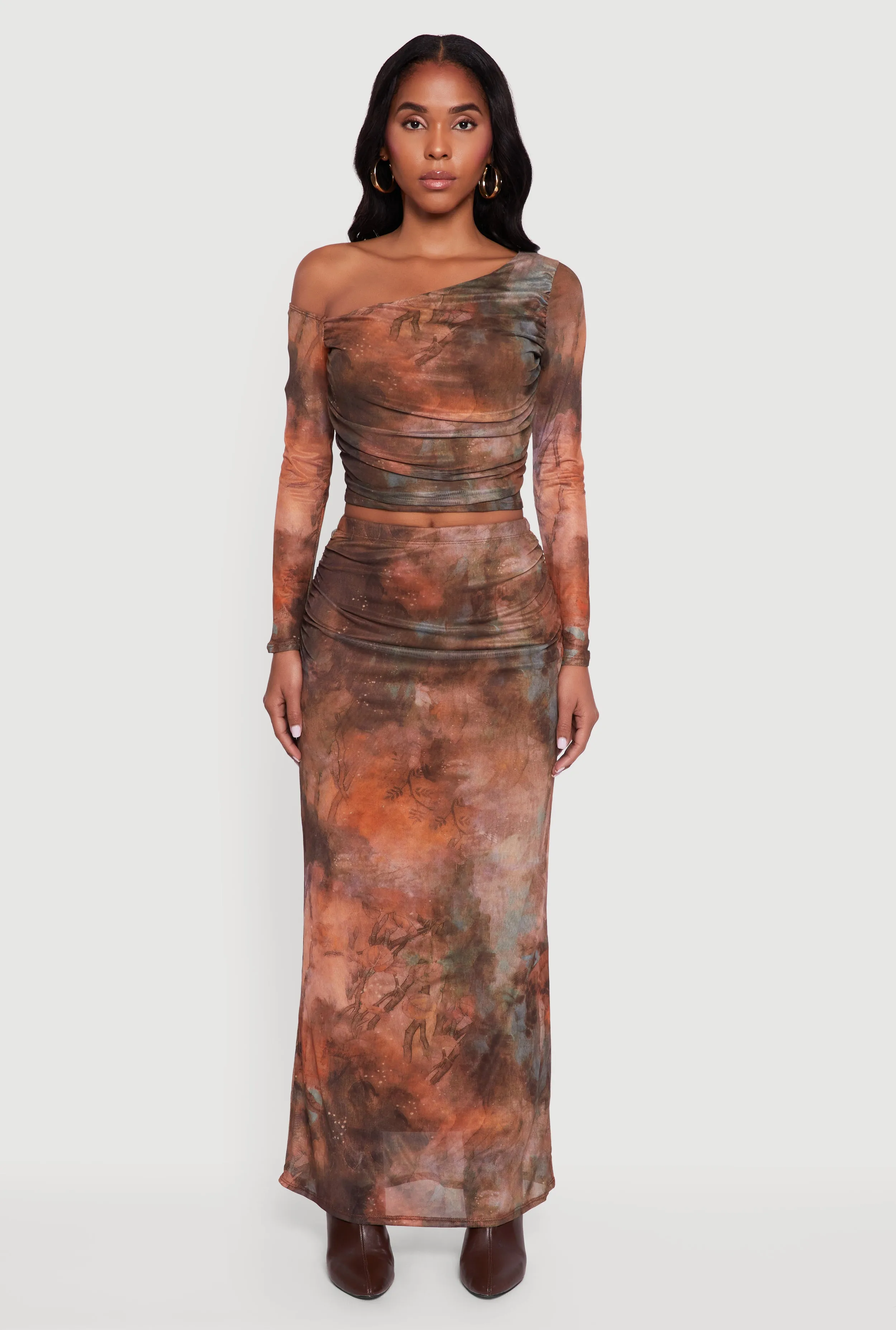 High Waisted Side Ruched Patterned Mesh Skirt sold by Rainbow