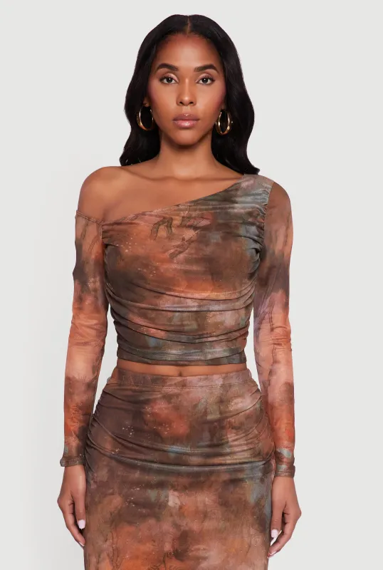 One Shoulder Side Ruched Mesh Crop Top sold by Rainbow