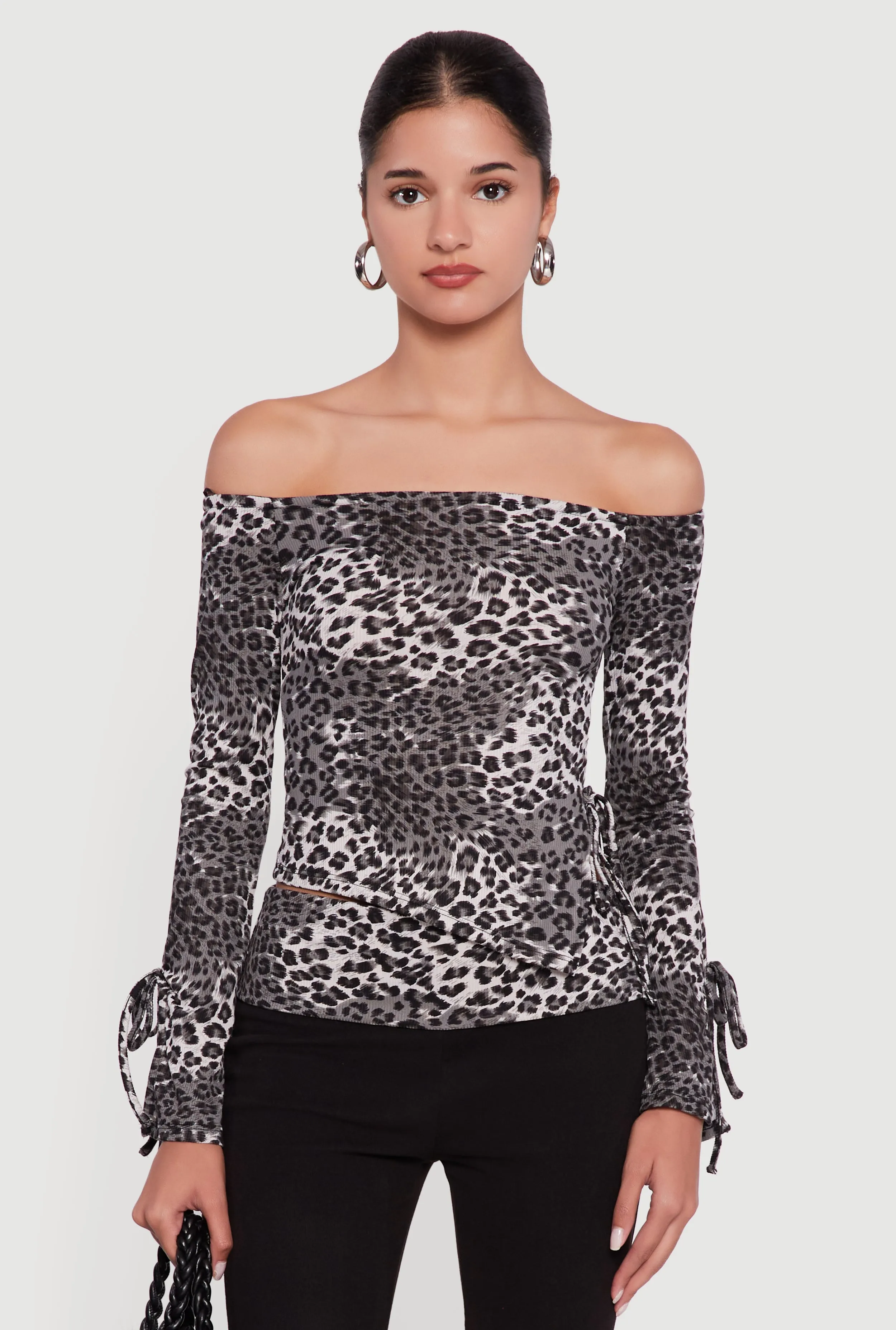 Ribbed Knit Leopard Print Off the Shoulder Blouse sold by Rainbow product image thumbnail 2
