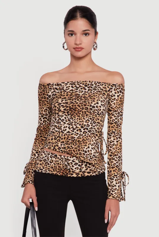 Ribbed Knit Leopard Print Off the Shoulder Blouse sold by Rainbow