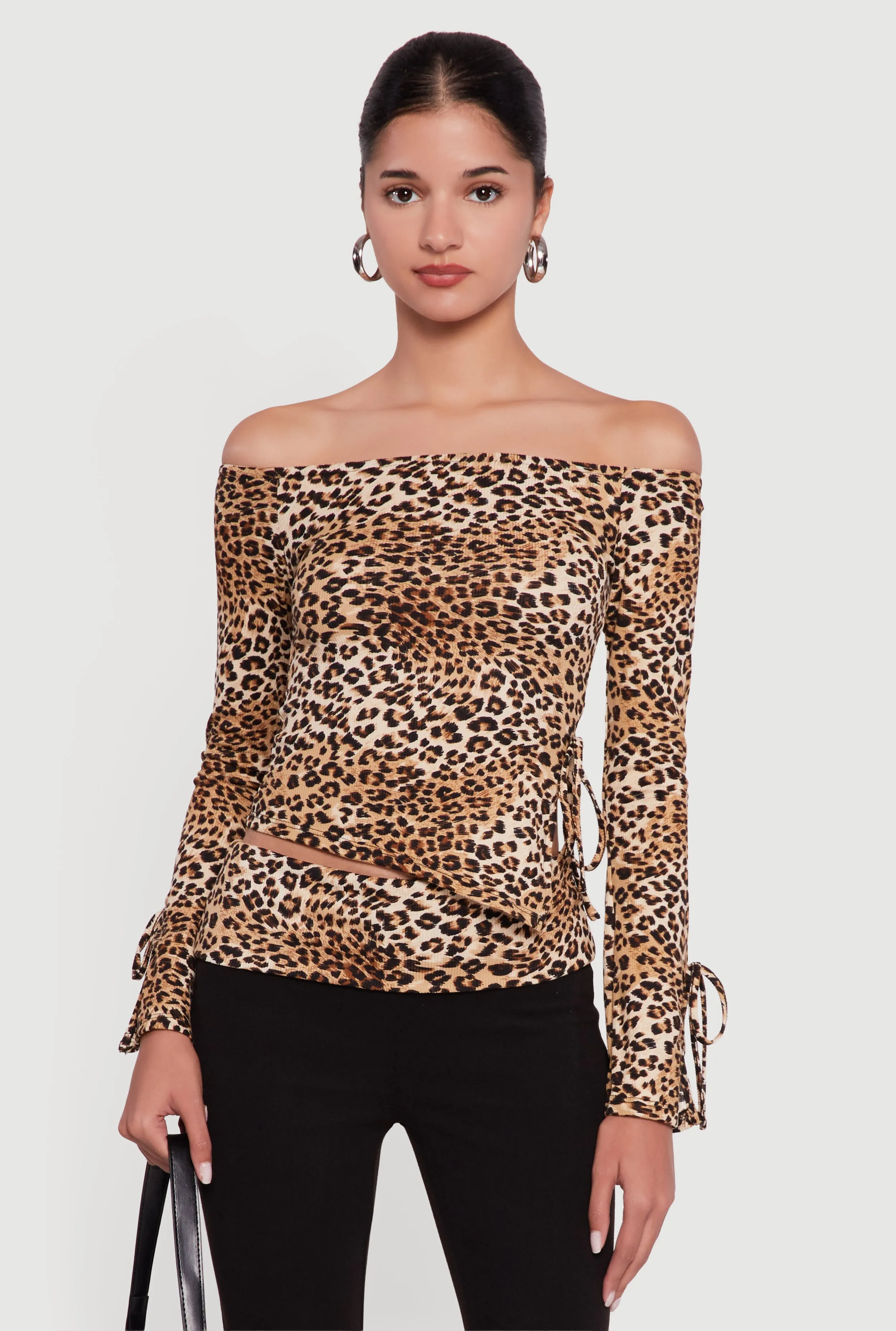 Ribbed Knit Leopard Print Off the Shoulder Blouse sold by Rainbow