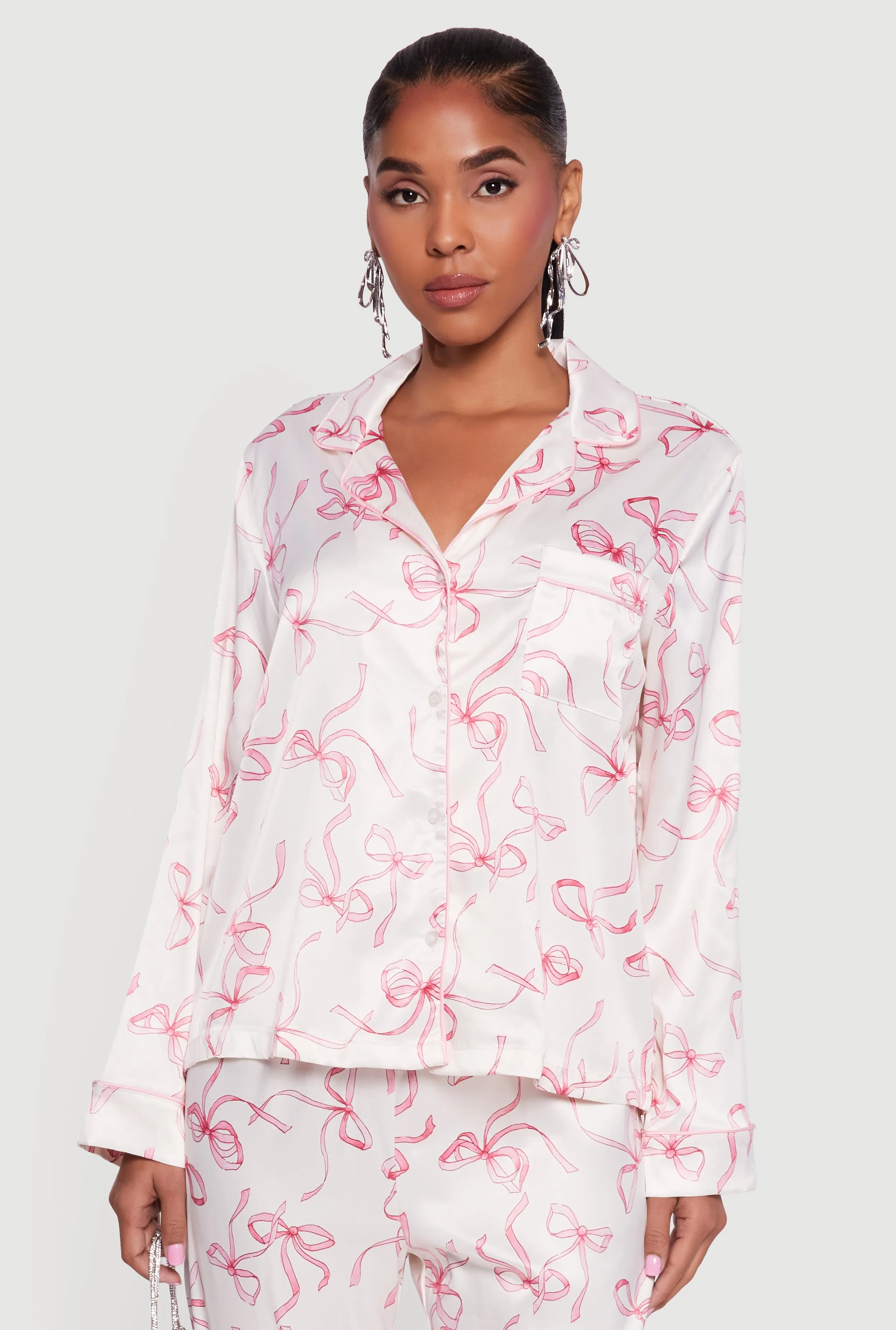 Satin Bow Print Long Sleeve Button Front Shirt sold by Rainbow product image thumbnail 2